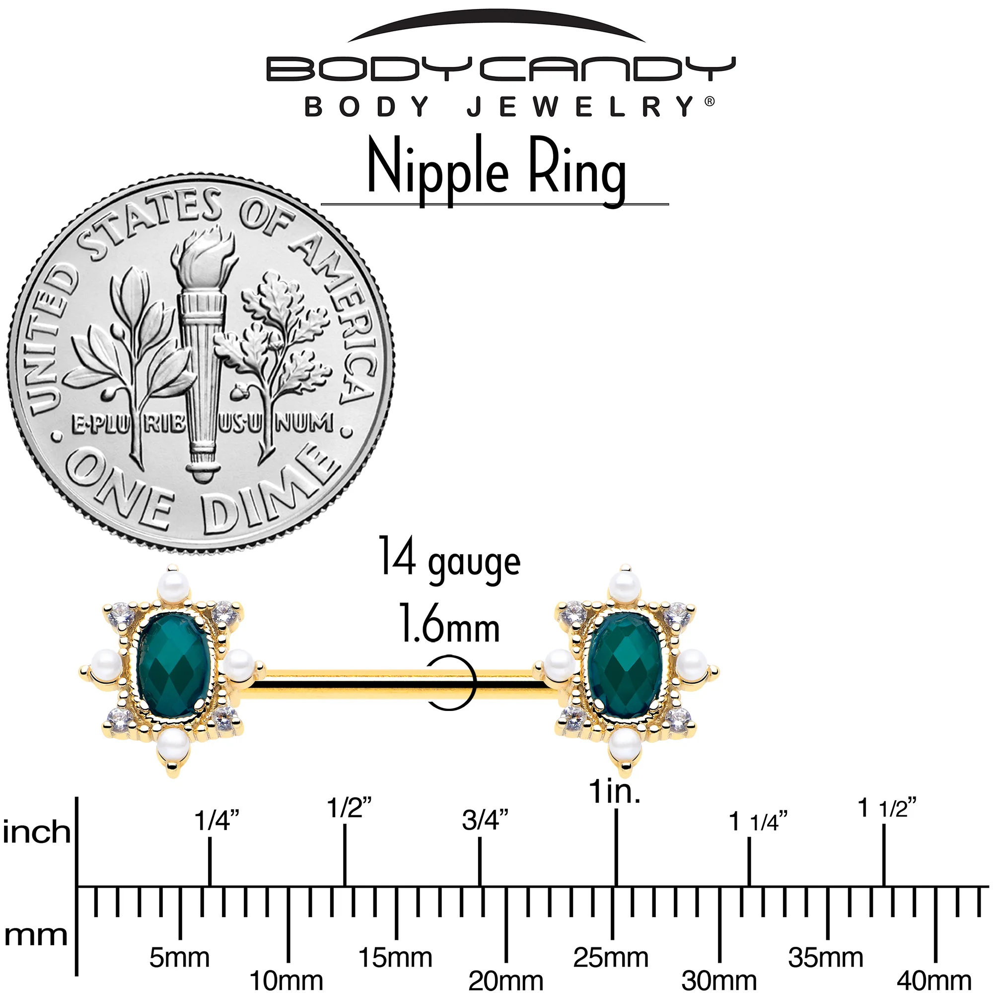 14G 9/16 Green CZ Gem Gold Tone Royal Beauty Barbell Nipple Ring Set - Image 5