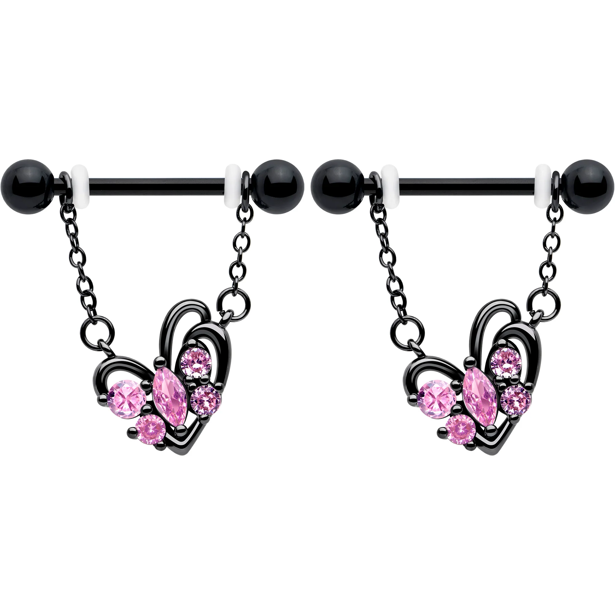 14G 9/16 Pink CZ Gem Black Looping Hearts Chain Dangle Nipple Ring Set - Image 2