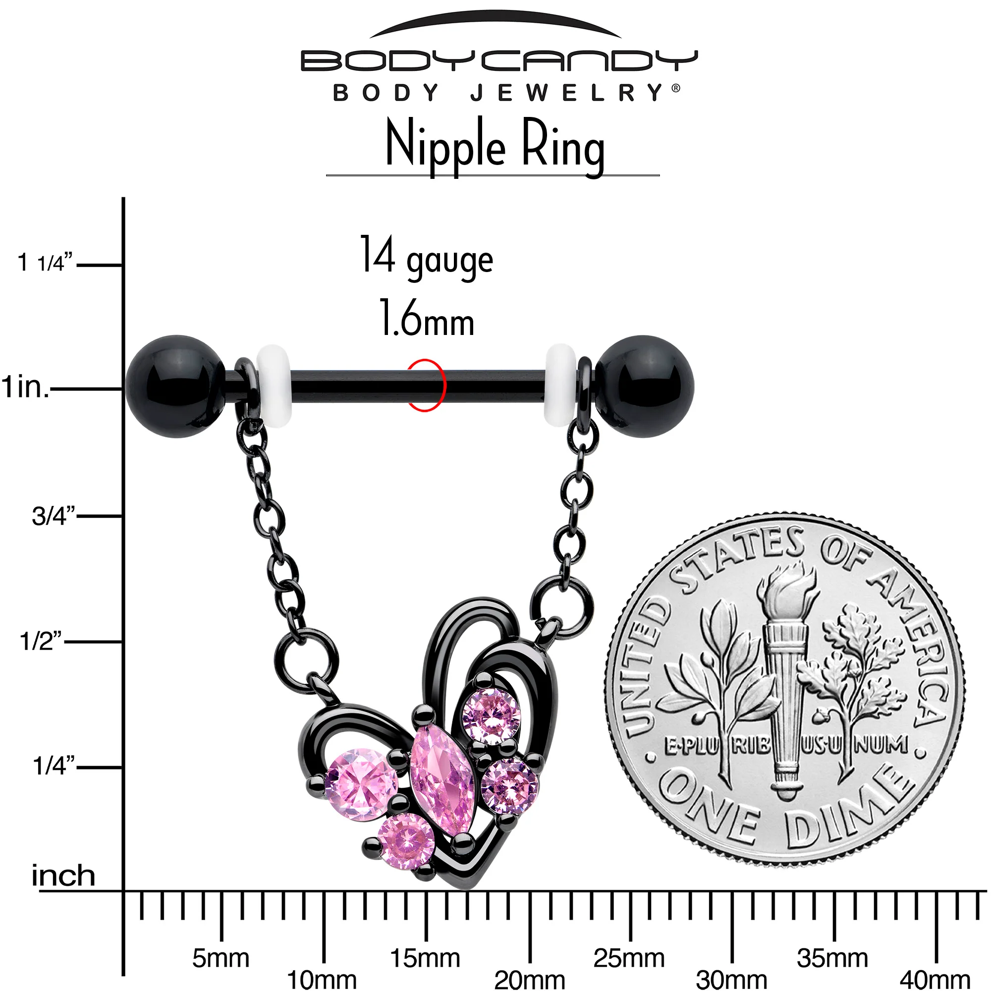 14G 9/16 Pink CZ Gem Black Looping Hearts Chain Dangle Nipple Ring Set - Image 4