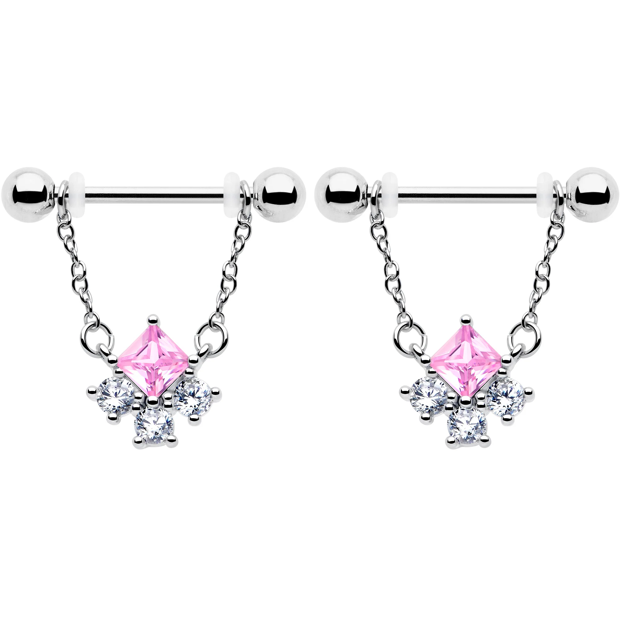 14G 9/16 Pink CZ Gem Rhombus Riot Chain Dangle Nipple Ring Set - Image 2