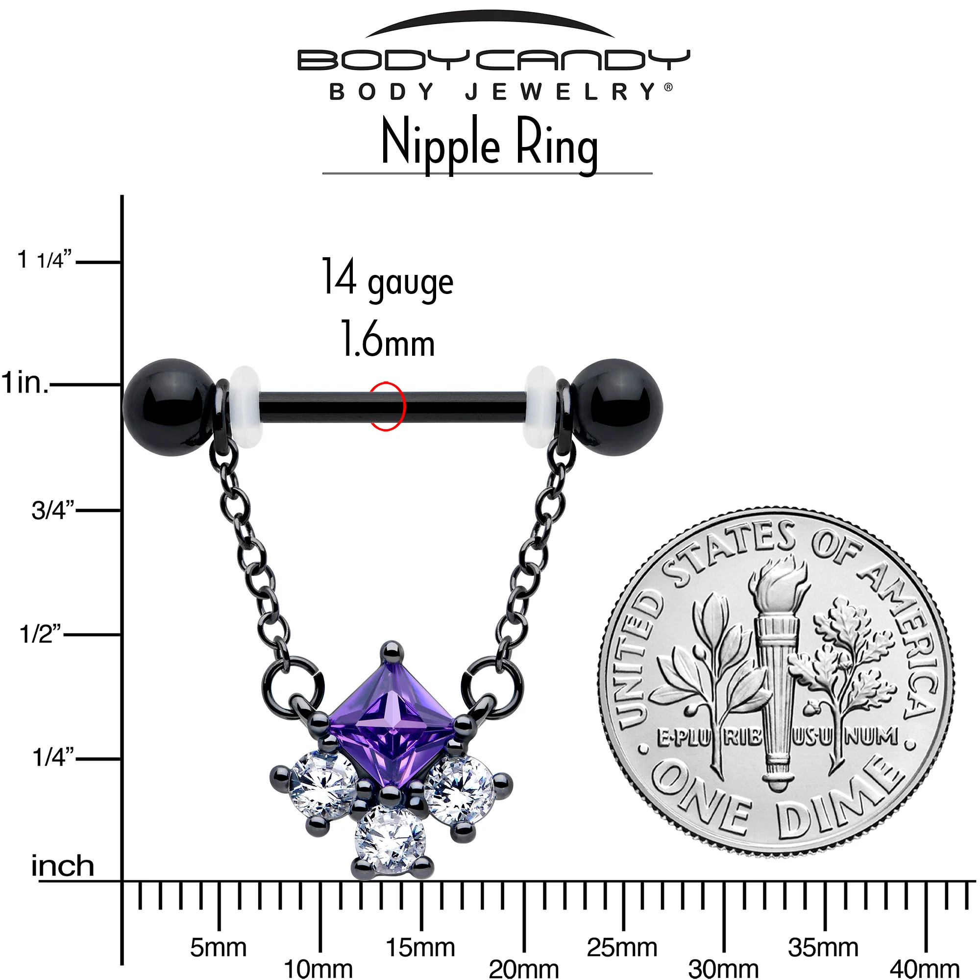14G 9/16 Purple CZ Gem Black Rhombus Riot Chain Dangle Nipple Ring Set - Image 4