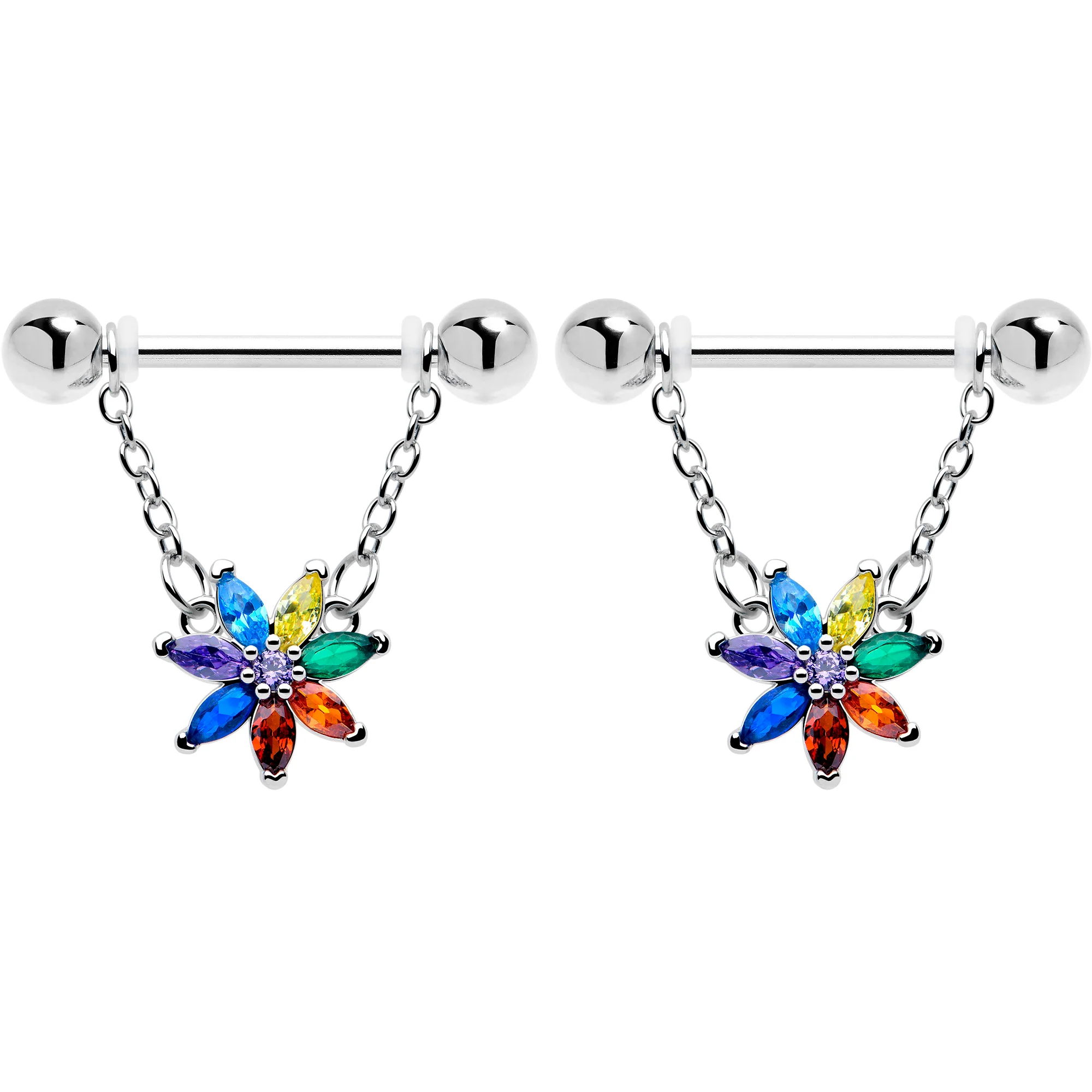 14G 9/16 Red Blue CZ Gem Rainbow Flower Chain Dangle Nipple Ring Set - Image 2