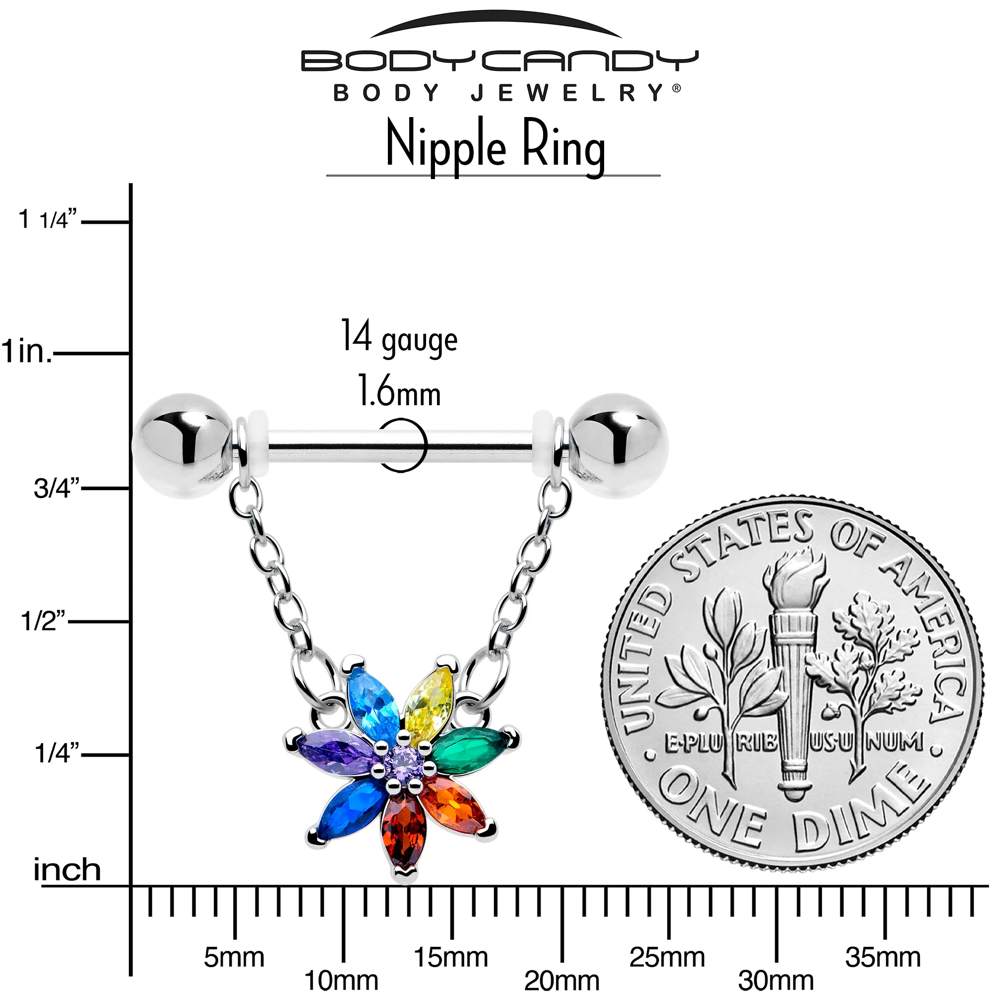 14G 9/16 Red Blue CZ Gem Rainbow Flower Chain Dangle Nipple Ring Set - Image 4