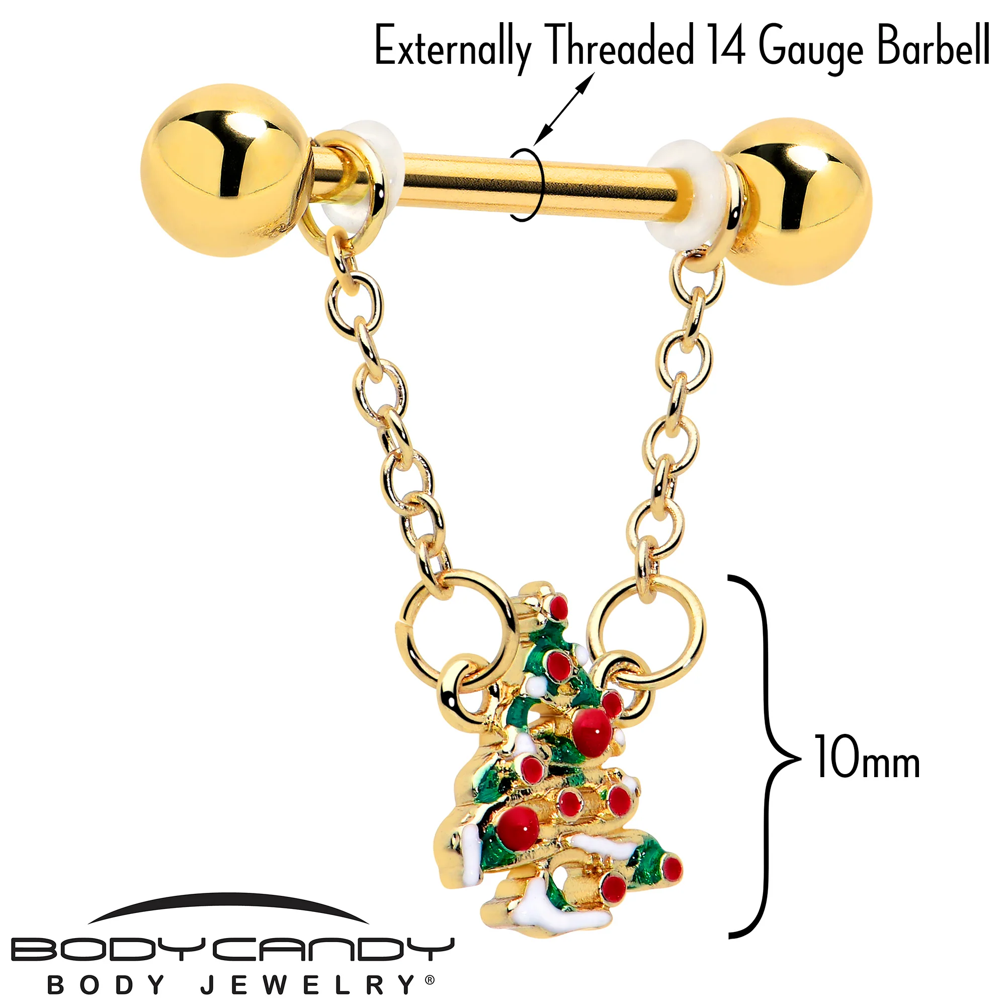 14G 9/16 Red Gem Gold Tone Snowy Christmas Tree Chain Dangle Nipple Ring Set - Image 3