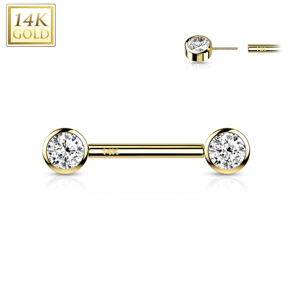 14G 9/16 Solid 14k Gold CZ Gem Bezel Set Threadless Barbell Nipple Ring Set - Image 3
