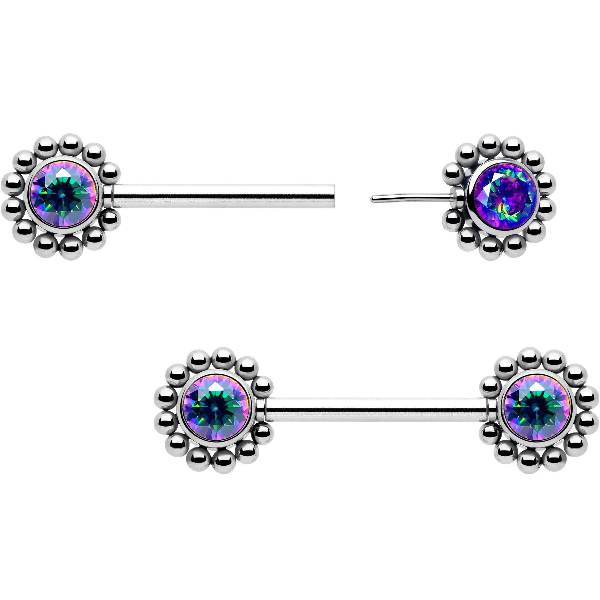 14G 9/16 Vitrail CZ Gem Beaded Edge Threadless Barbell Nipple Ring Set - Image 2