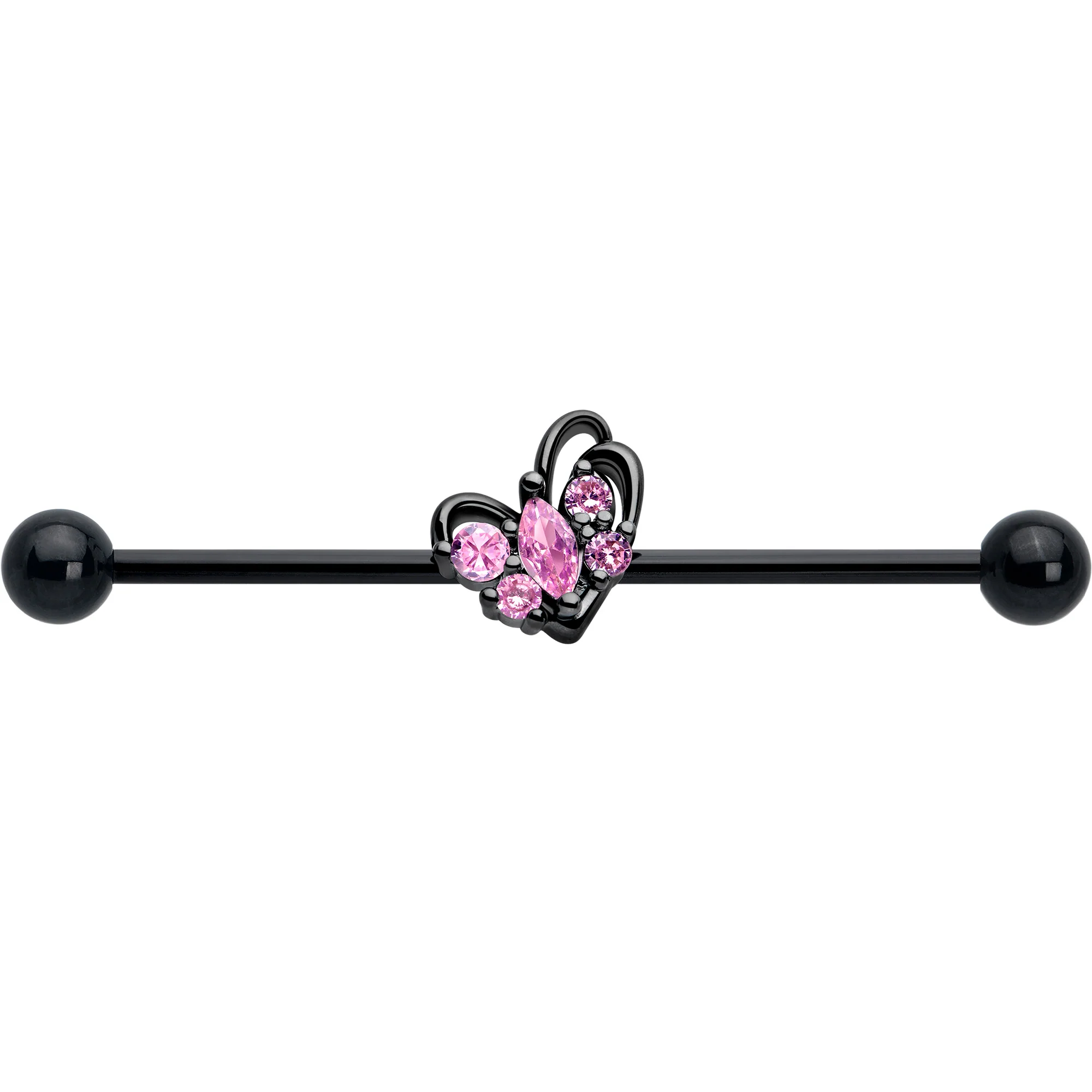 14G Pink CZ Gem Black Looping Heart Industrial Barbell 38mm - Image 3