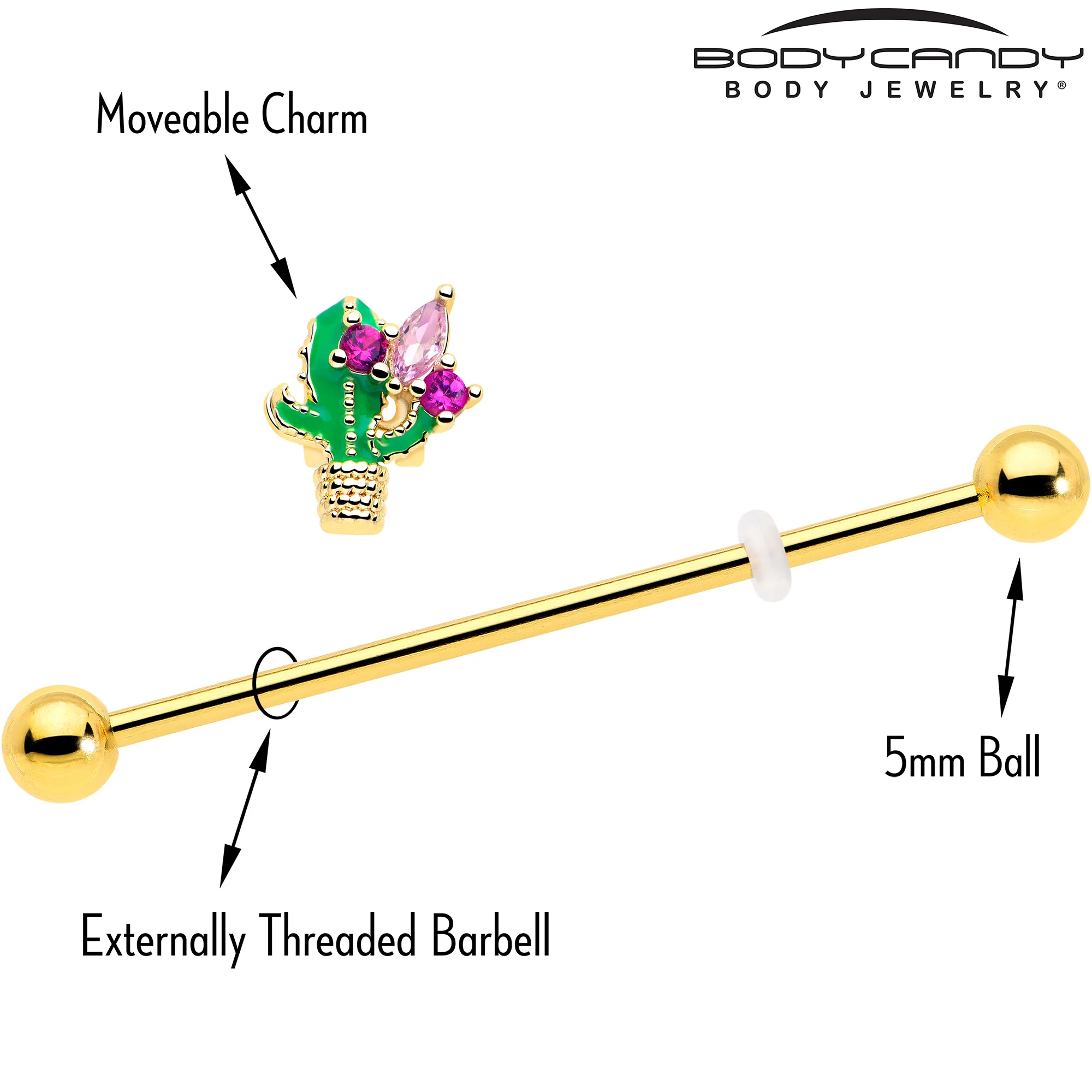 14G Pink CZ Gem Gold Tone Floral Cactus Industrial Barbell 38mm - Image 4