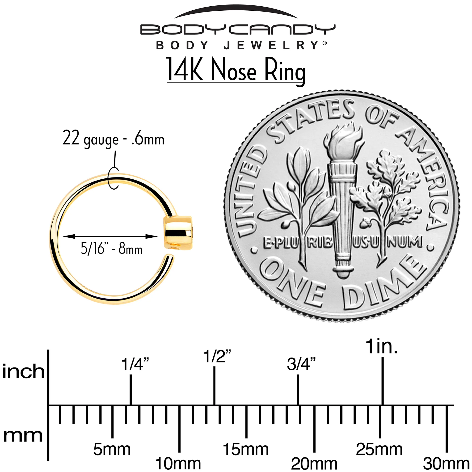 14k Solid Yellow Gold Bendable Nose Hoop 22G 5/16 with 2mm Bezel CZ - Image 2