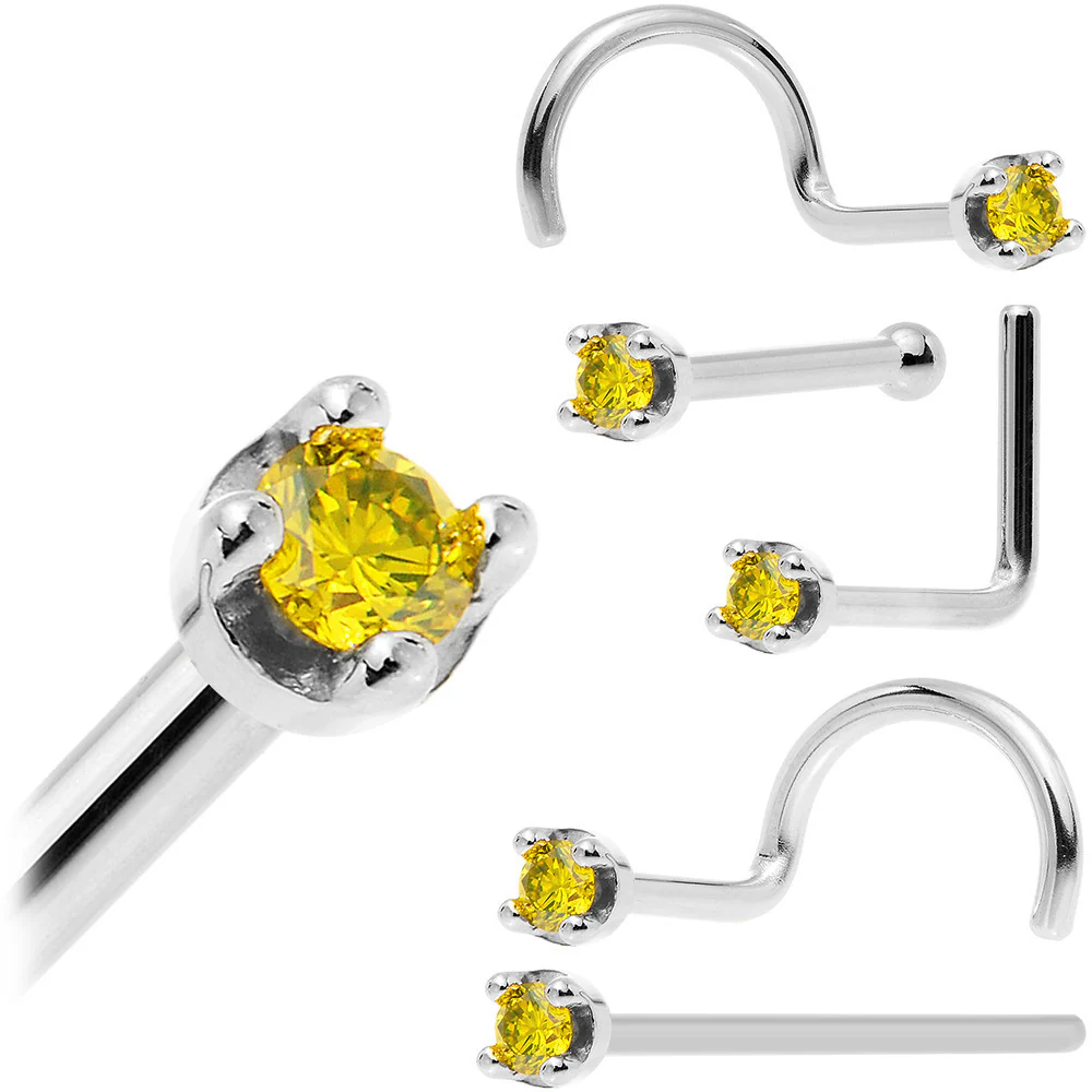 14k White Gold 2mm Lab Grown Yellow Diamond Nose Ring - Image 12