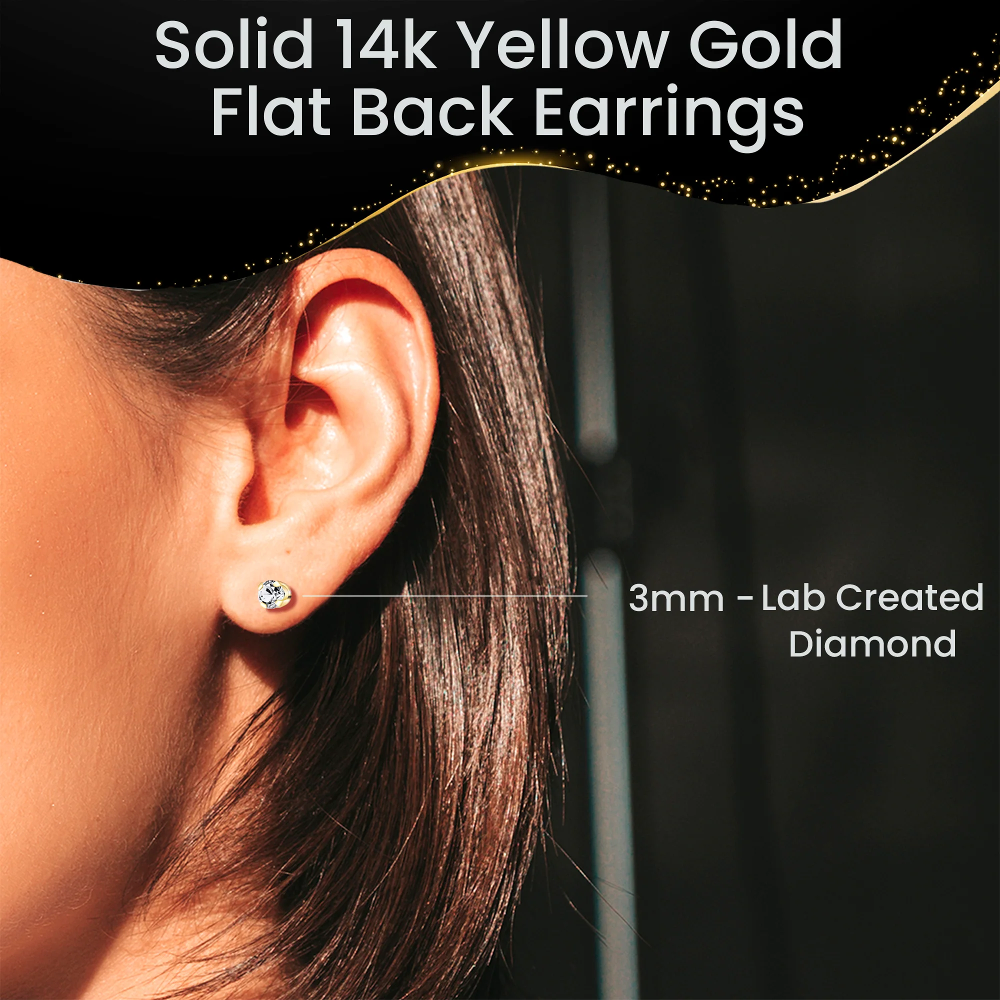 14k Yellow Gold Flat Back Earring with 3mm Lab Grown Diamond Handmade - Image 6