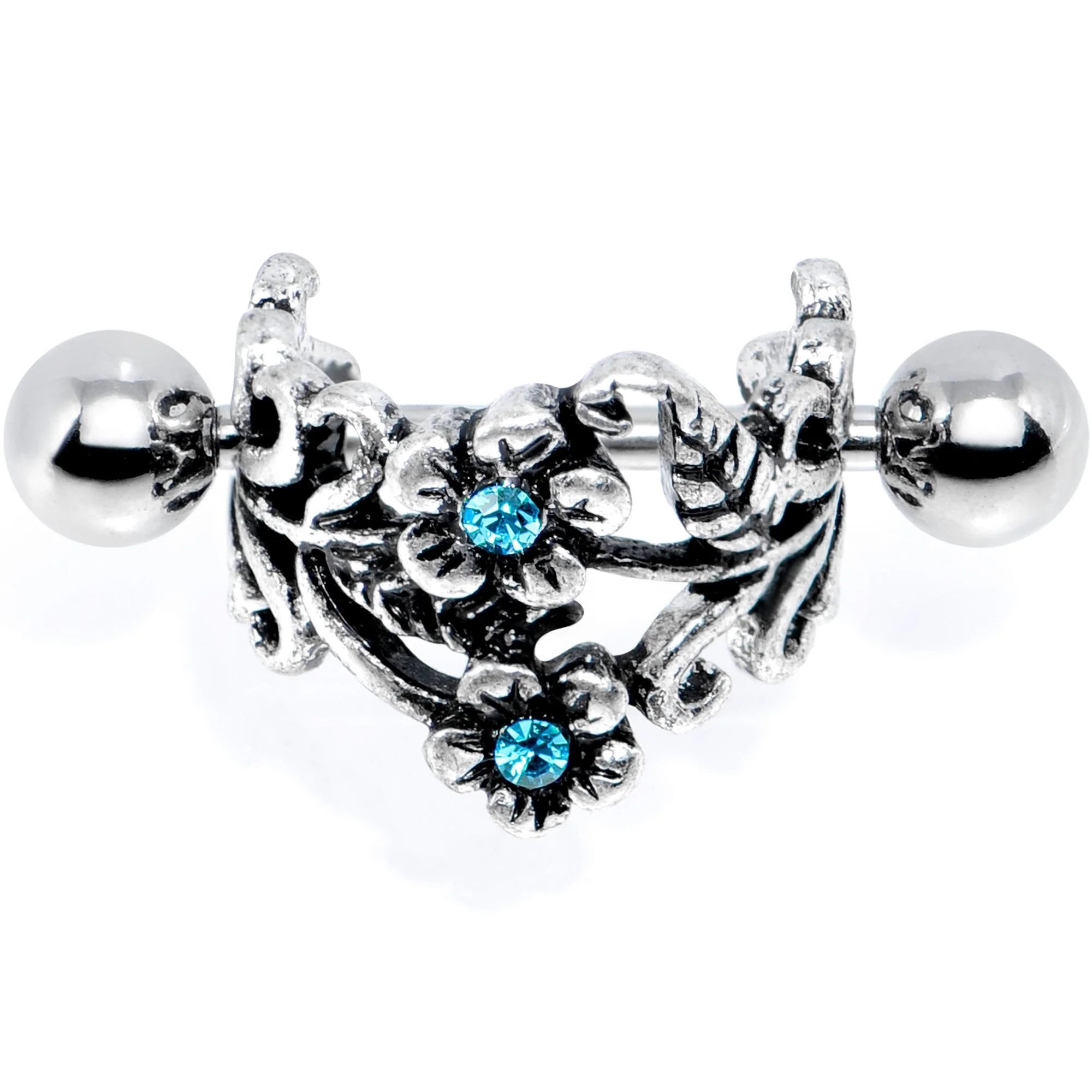 16G 1/2 Blue Gem Double Daisy Flower Cuff Cartilage Earring - Image 2