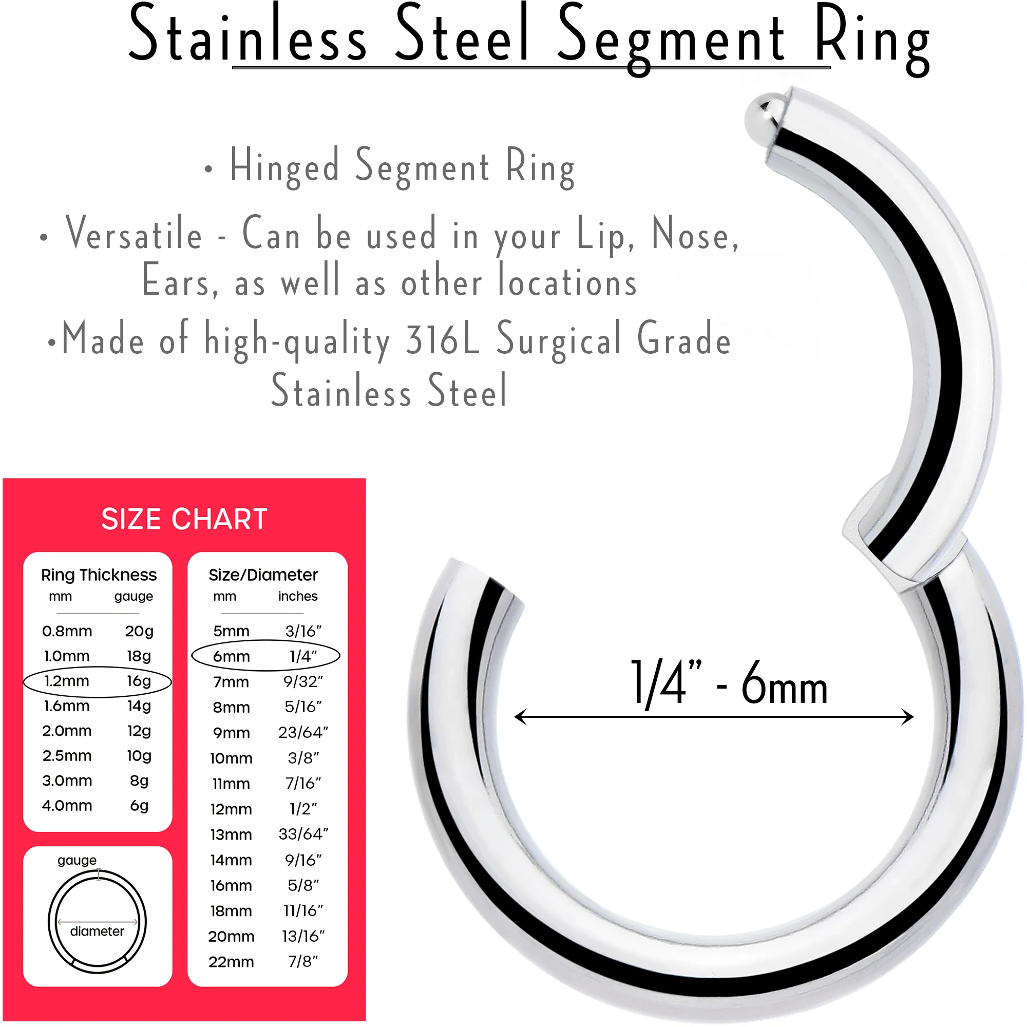16G 1/4 316L Surgical Steel Precision Hinged Segment Hoop - Image 3
