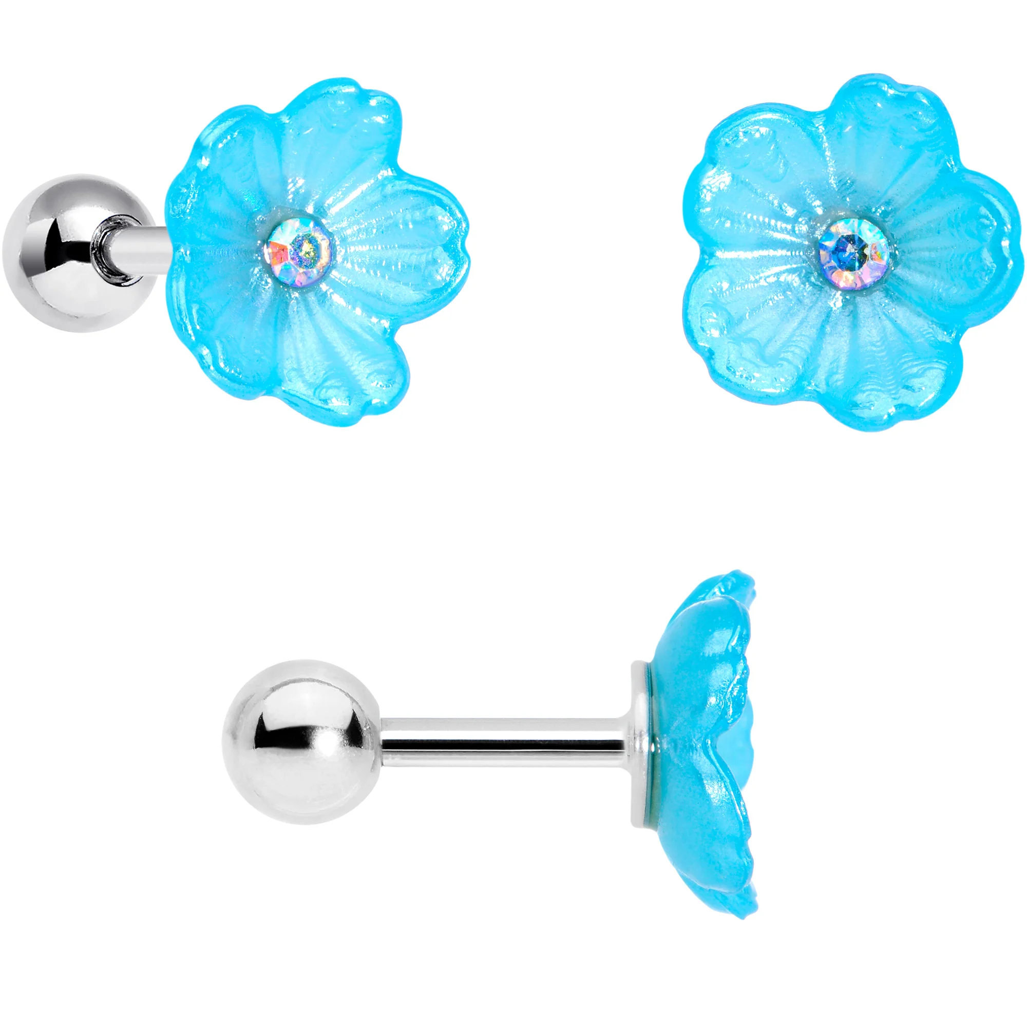 16G 1/4 Aqua Aurora Gem Flower Cartilage Tragus Earring Set of 3 - Image 2