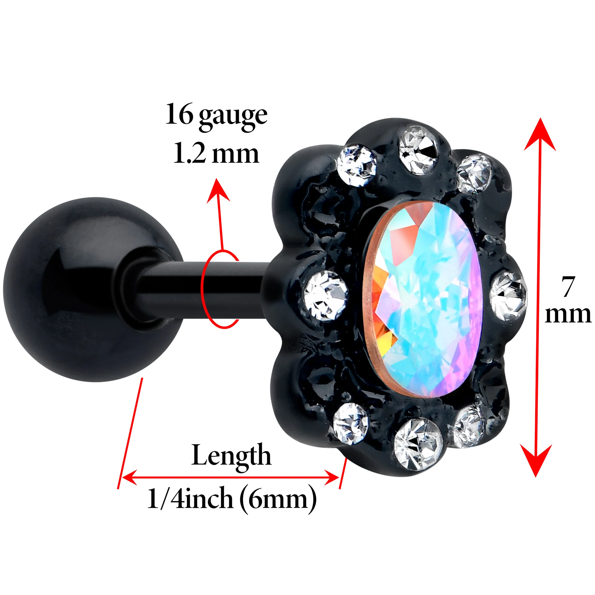 16G 1/4 Aurora Gem Black Filigree Fantasy Cartilage Tragus Earring - Image 2