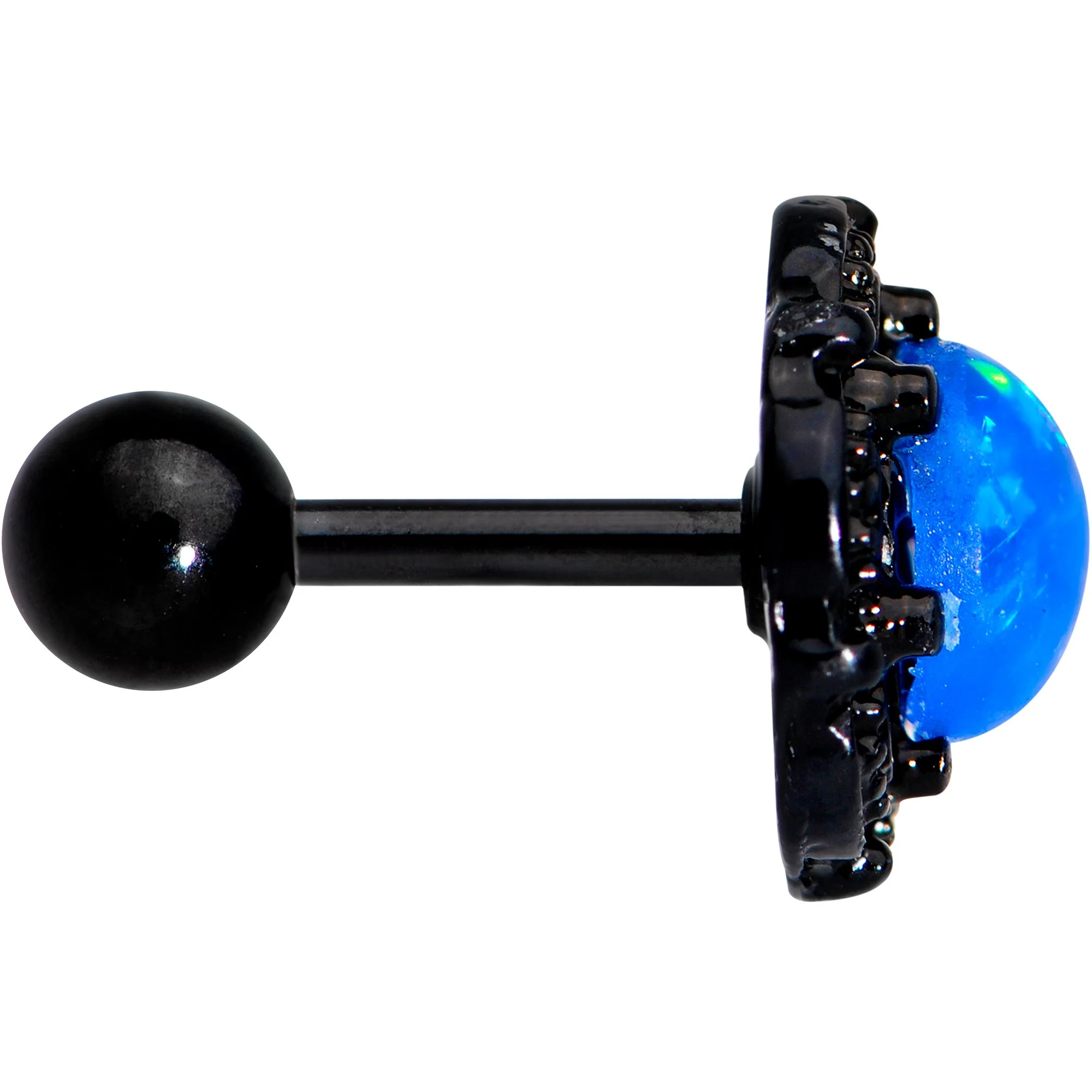 16G 1/4 Black PVD Blue Faux Opal Ornate Tragus Cartilage Earring - Image 3