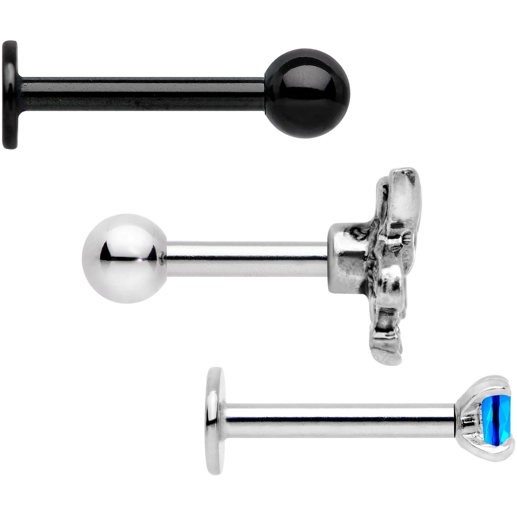 16G 1/4 Blue Gem Spring Black Cartilage Tragus Earring Set of 3 - Image 2