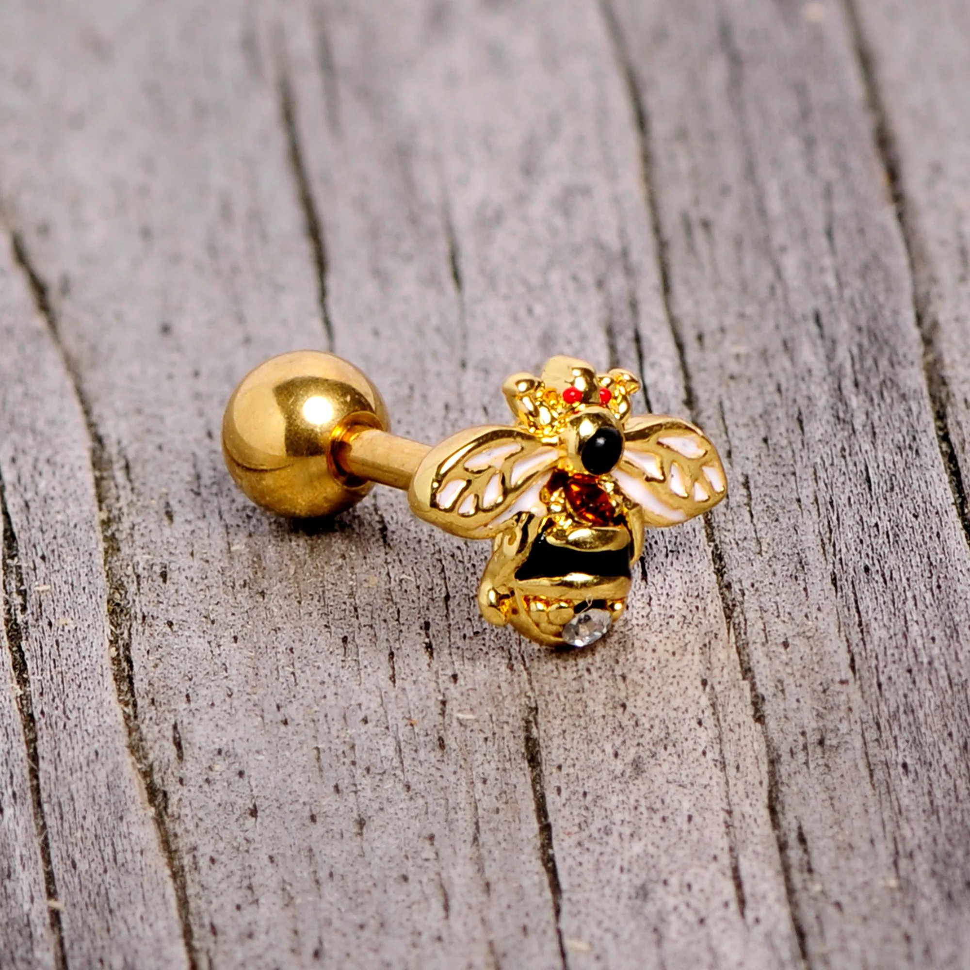 16G 1/4 Clear Black Gem Gold Tone Honey Bee Cartilage Tragus - Image 3
