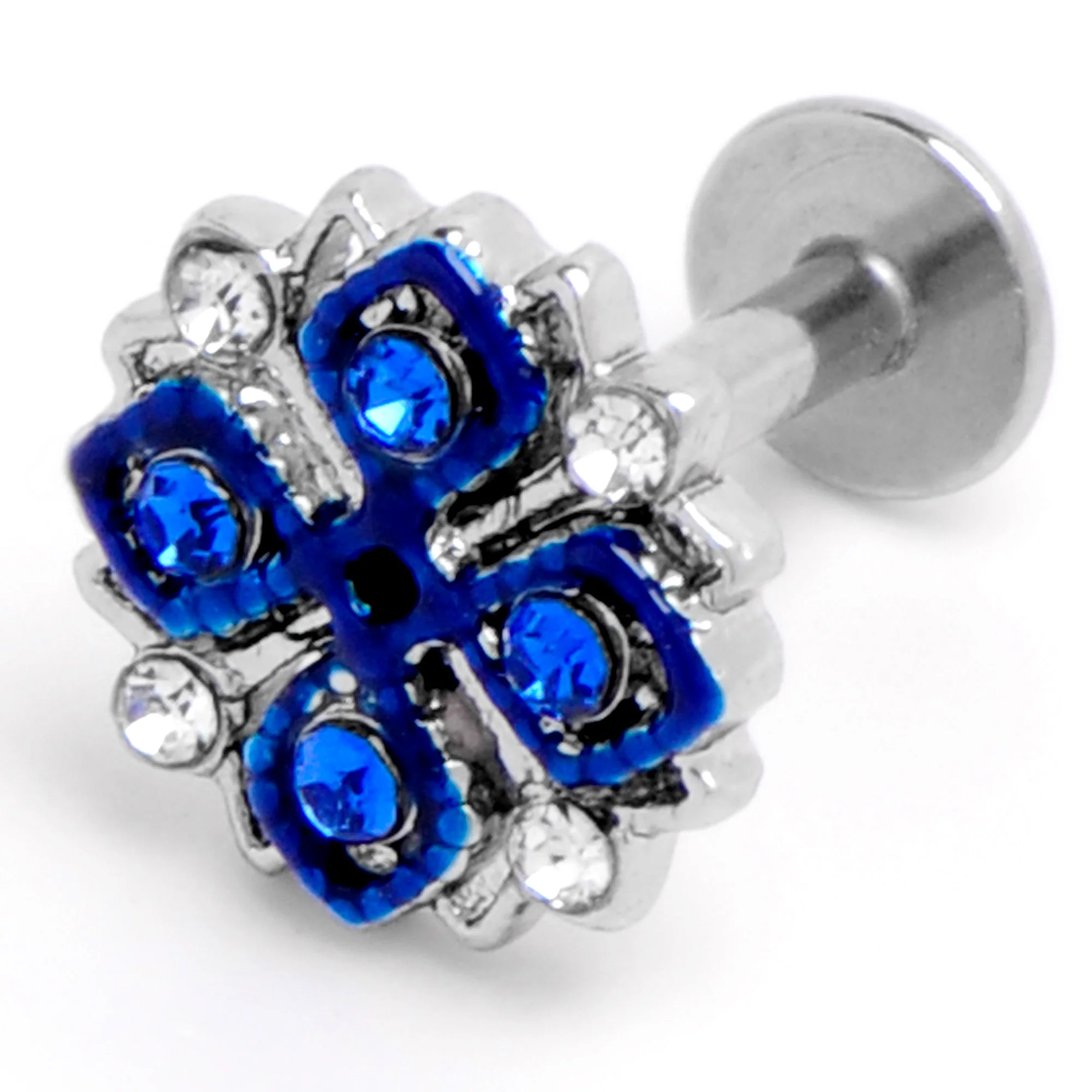 16G 1/4 Clear Blue Gem Embellished Cross Labret - Image 5