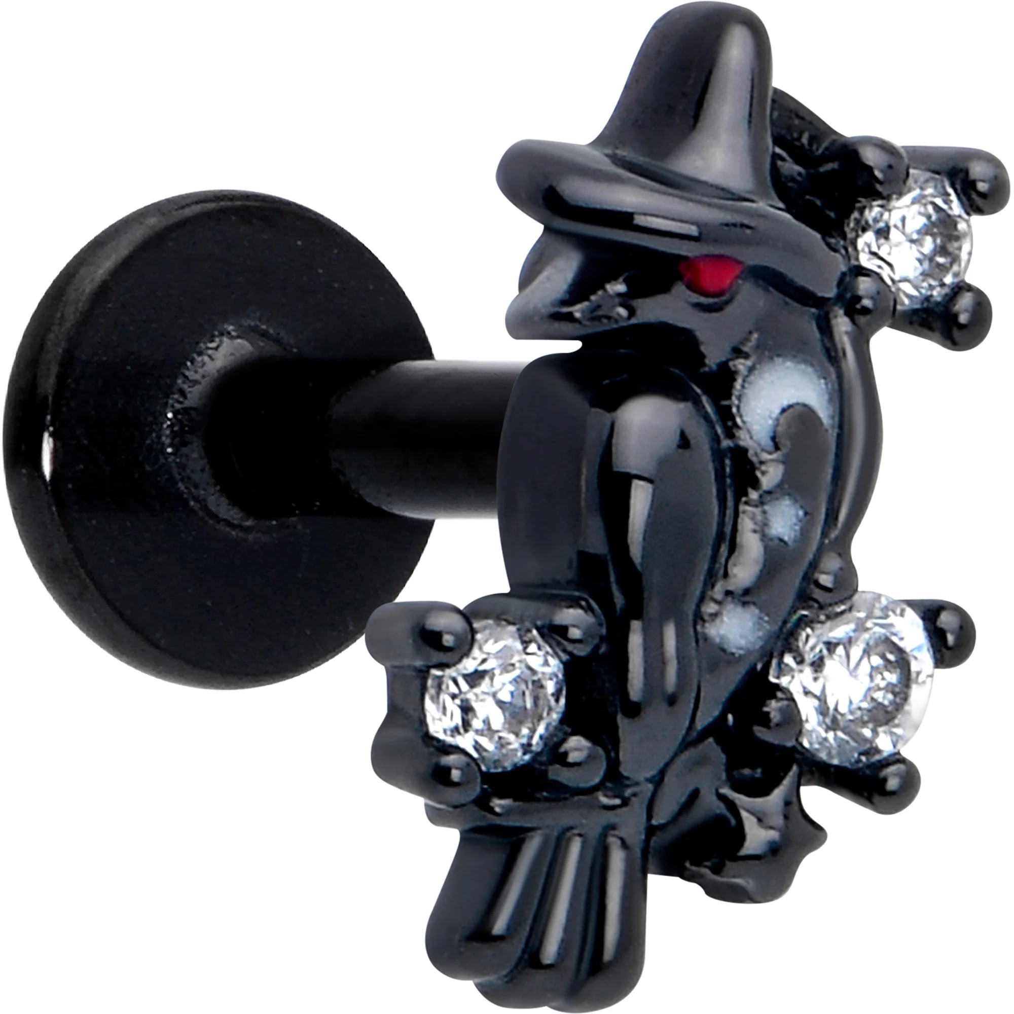 16G 1/4 Clear CZ Gem Black Raven Witch Labret Monroe Tragus
