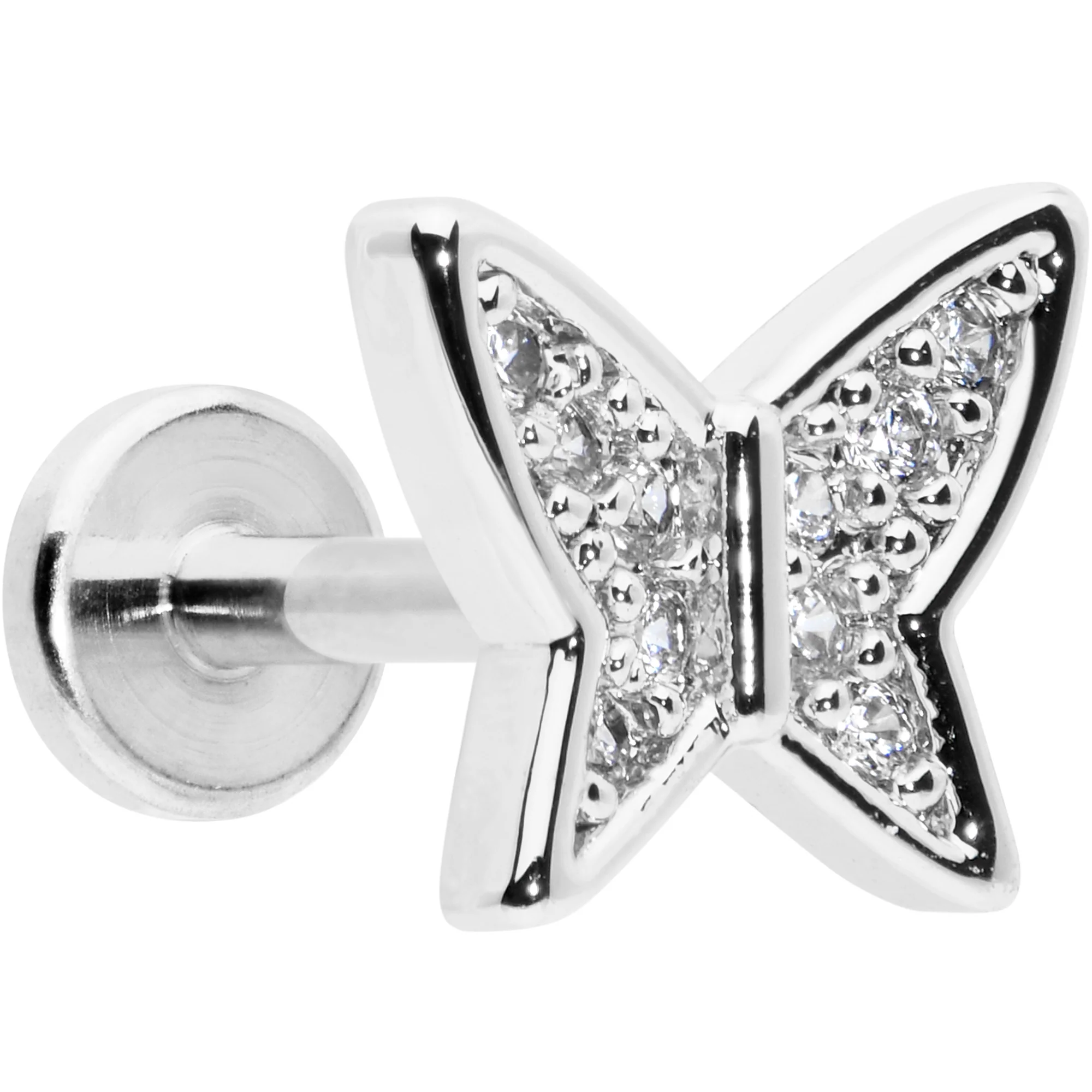 16G 1/4 Clear CZ Gem Butterfly Internally Threaded Labret Tragus