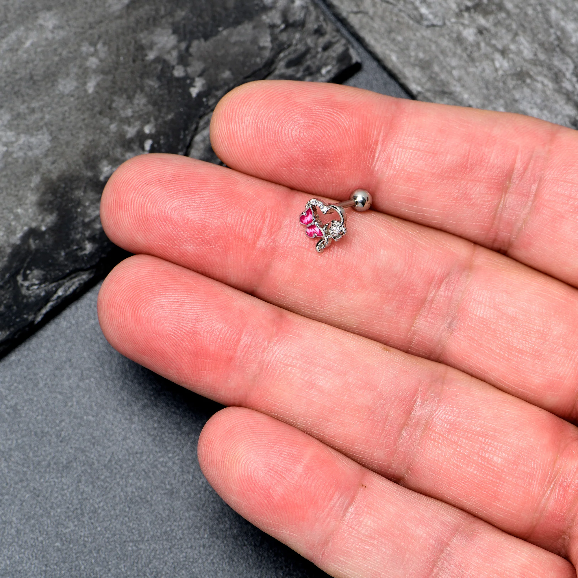 16G 1/4 Clear CZ Gem Butterfly Rose Pink Cartilage Tragus Stud - Image 4