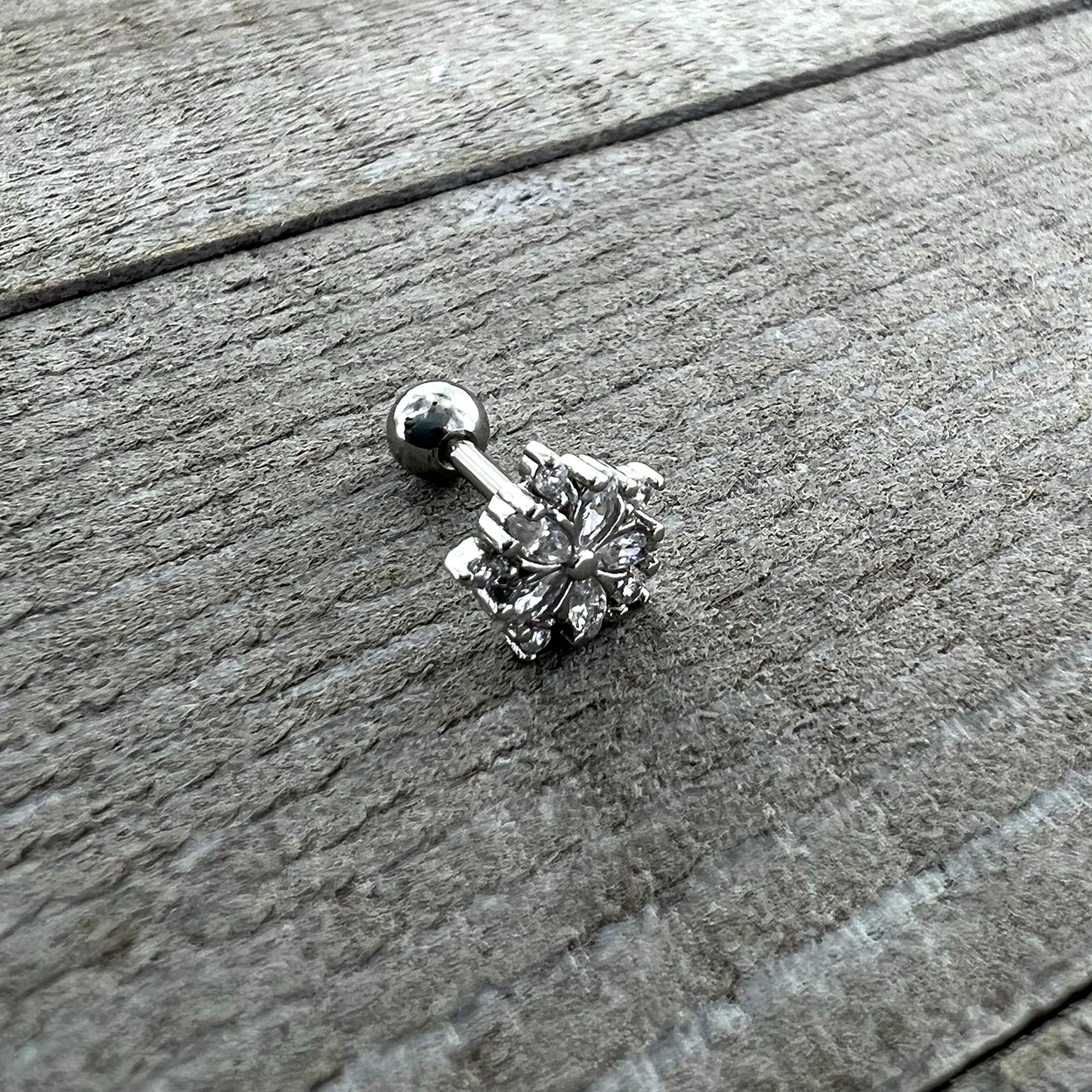 16G 1/4 Clear CZ Gem Floral Burst Cartilage Tragus Earring - Image 6