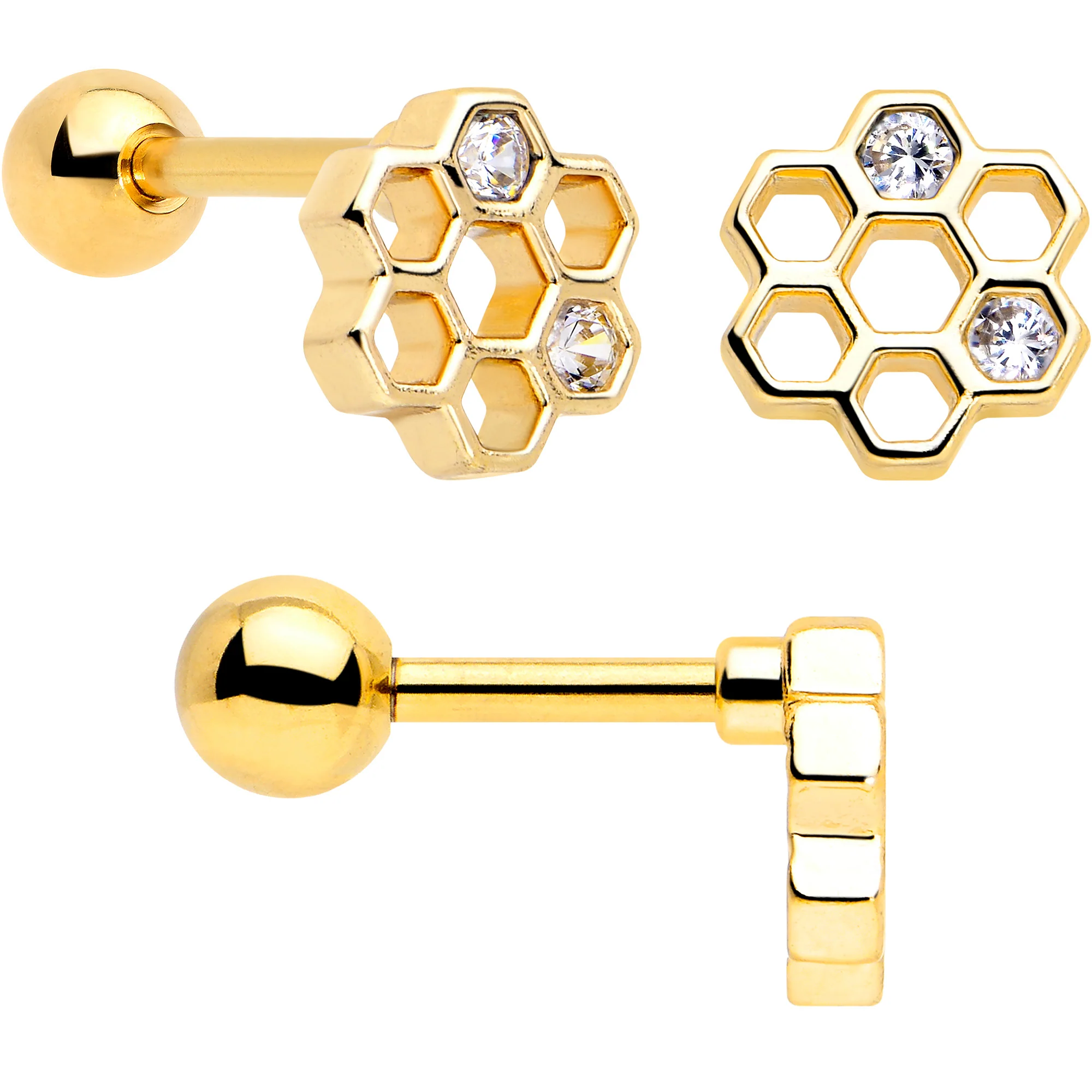 16G 1/4 Clear CZ Gem Gold Tone Bee Hive Luv Cartilage Earring Set of 2 - Image 4