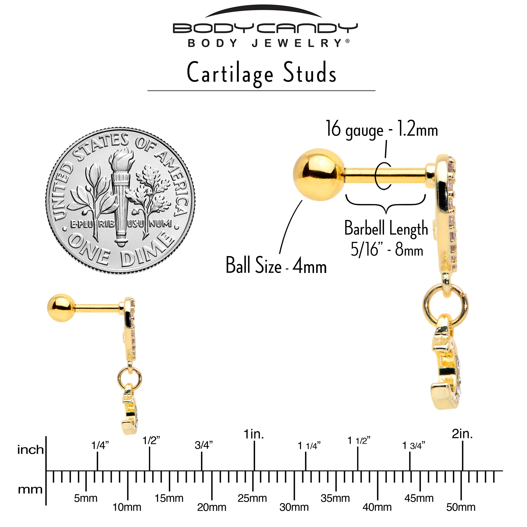 16G 1/4 Clear CZ Gem Gold Tone Heart Moon Dangle Cartilage Earring - Image 5