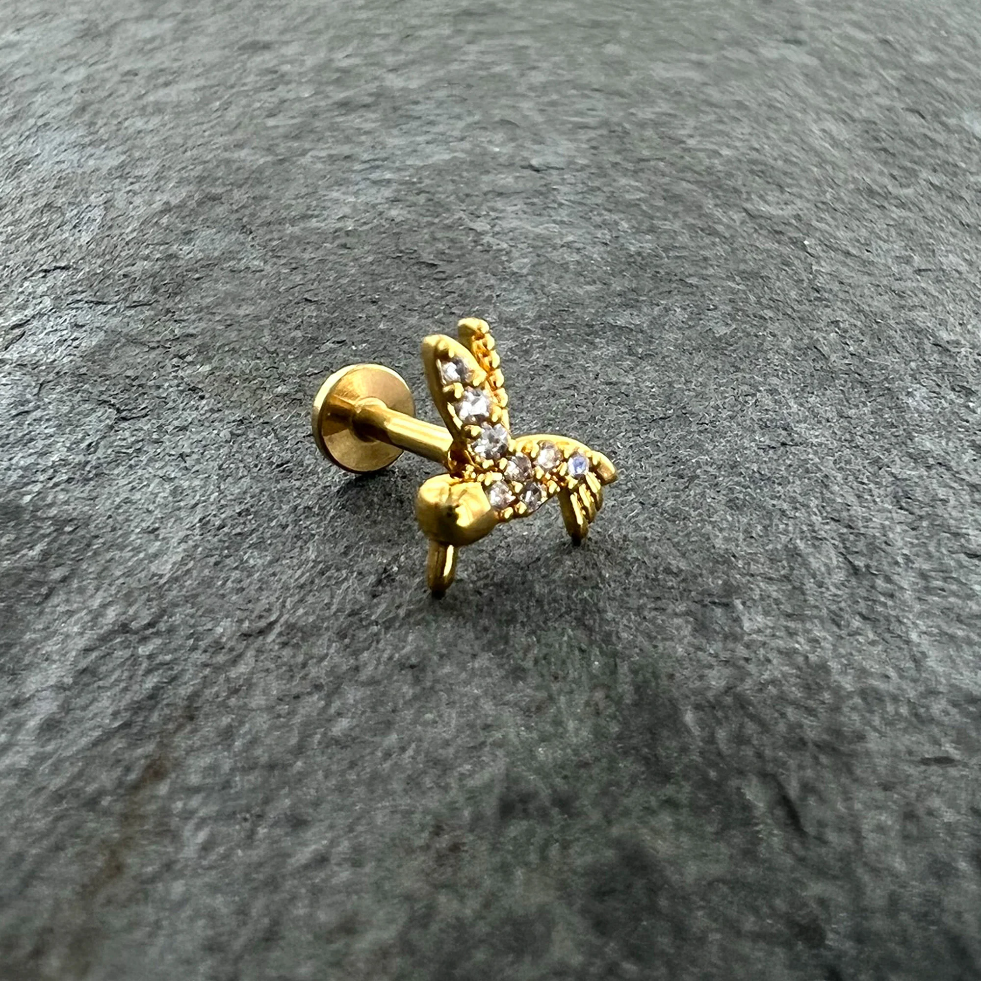 16G 1/4 Clear CZ Gem Gold Tone Interal Thread Hummingbird Labret - Image 5