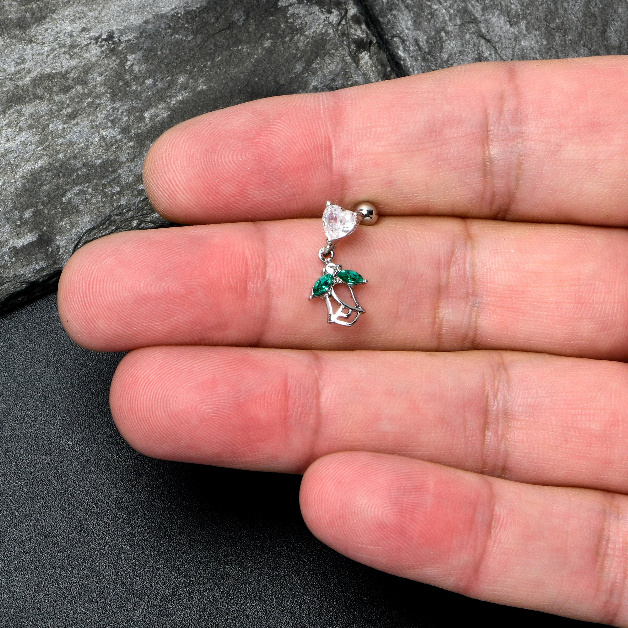 16G 1/4 Clear CZ Gem Heart And Rose Dangle Cartilage Earring - Image 4