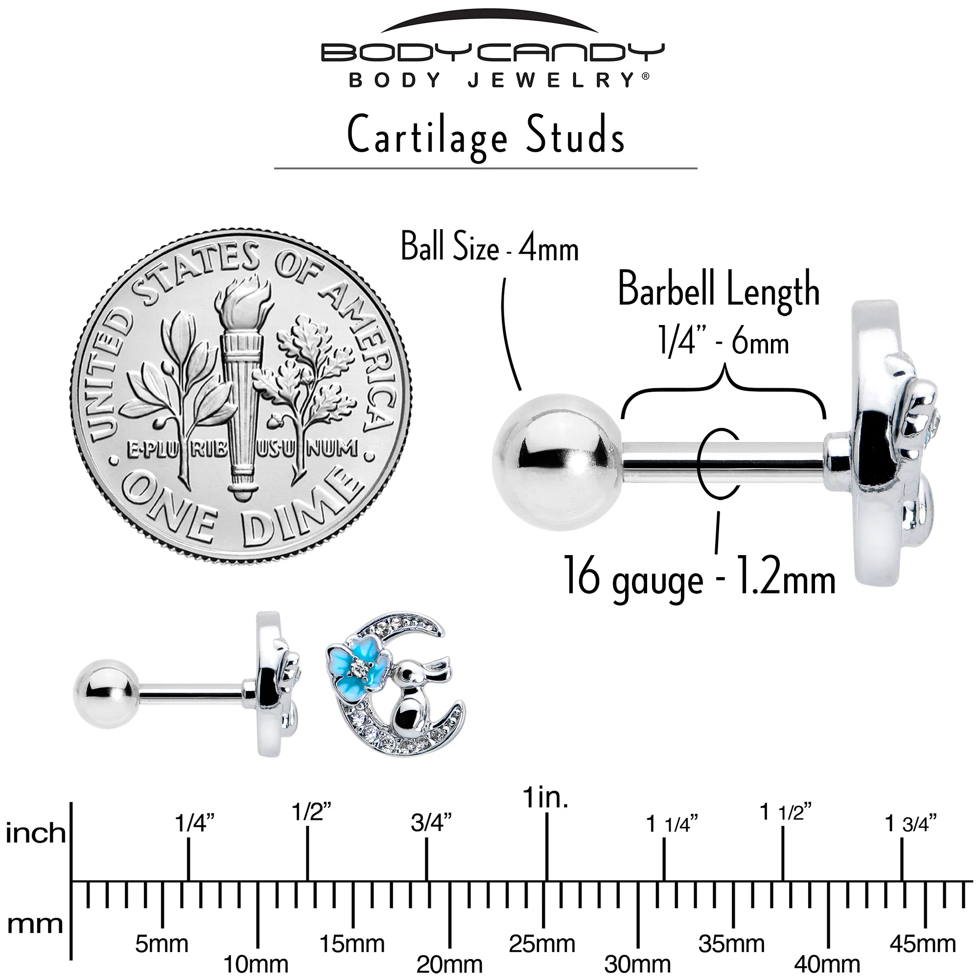16G 1/4 Clear CZ Gem Rabbit On The Moon Blue Cartilage Earring - Image 5