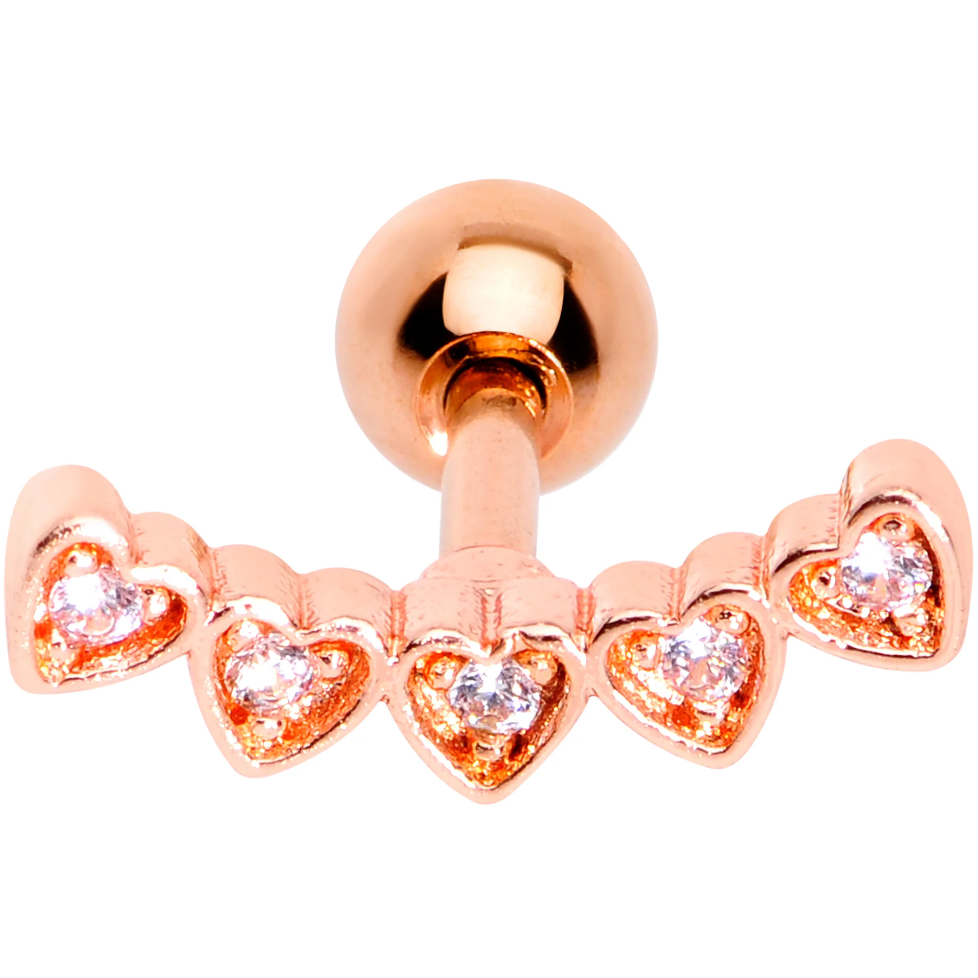 16G 1/4 Clear CZ Gem Rose Gold Tone Five Heart Cartilage Tragus - Image 2