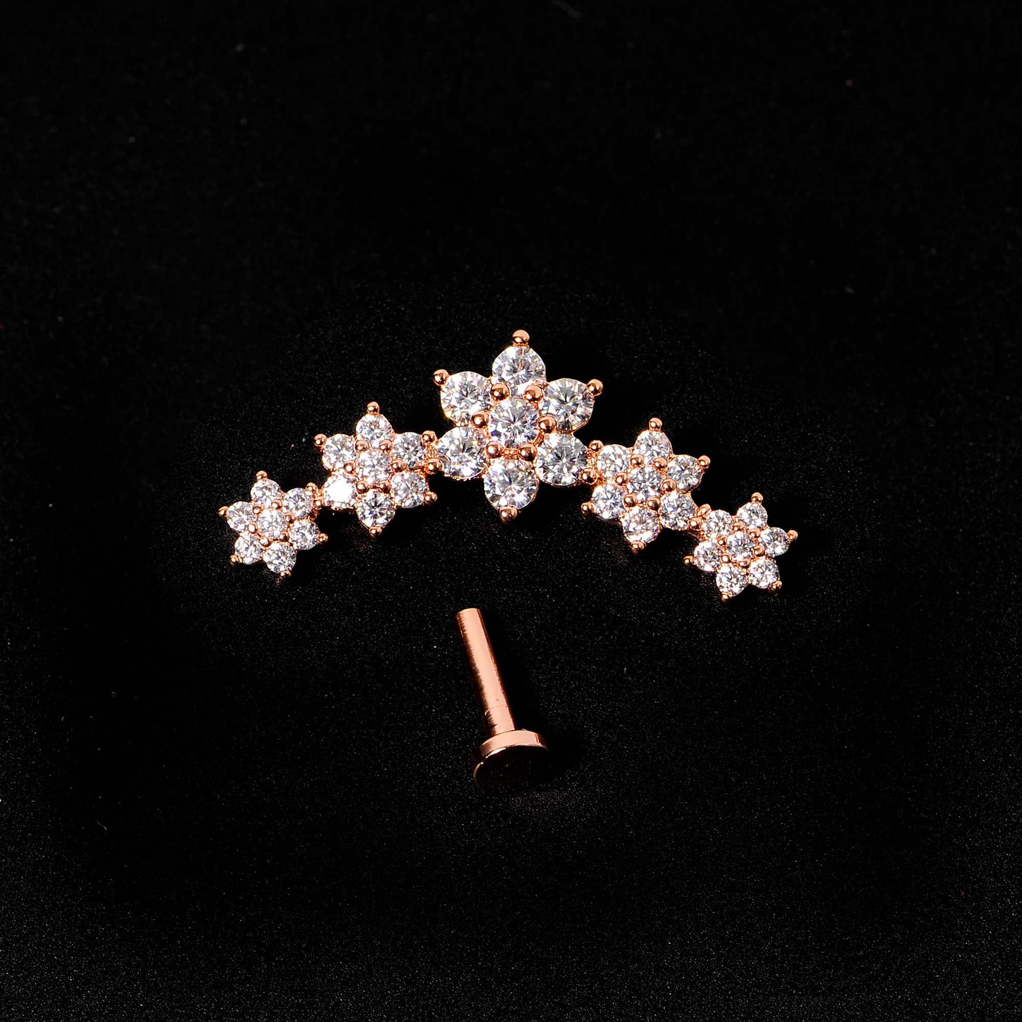 16G 1/4 Clear CZ Gem Rose Gold Tone Floral Internal Thread Labret - Image 7