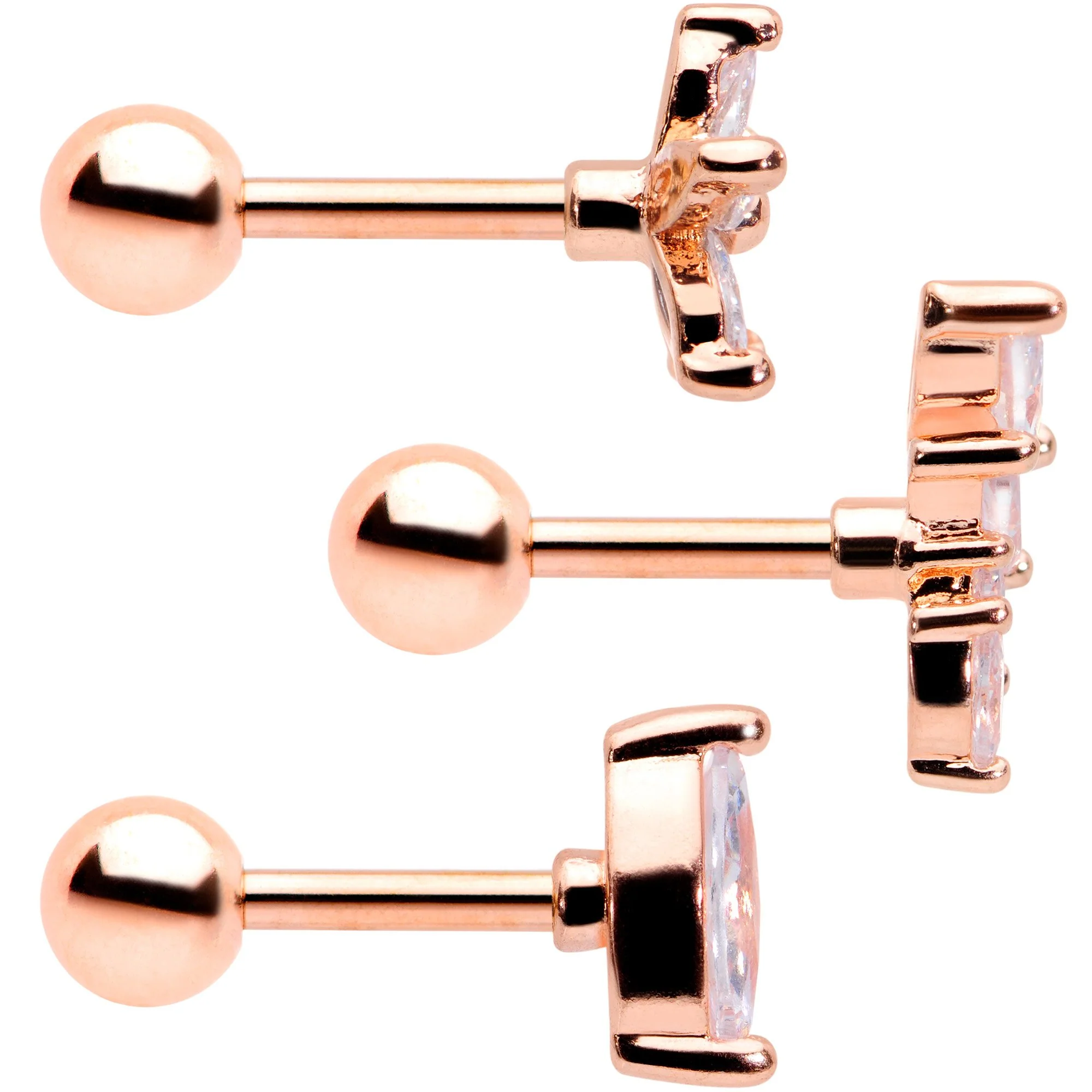 16G 1/4 Clear CZ Gem Rose Gold Tone Geometric Tragus Set of 3 - Image 2