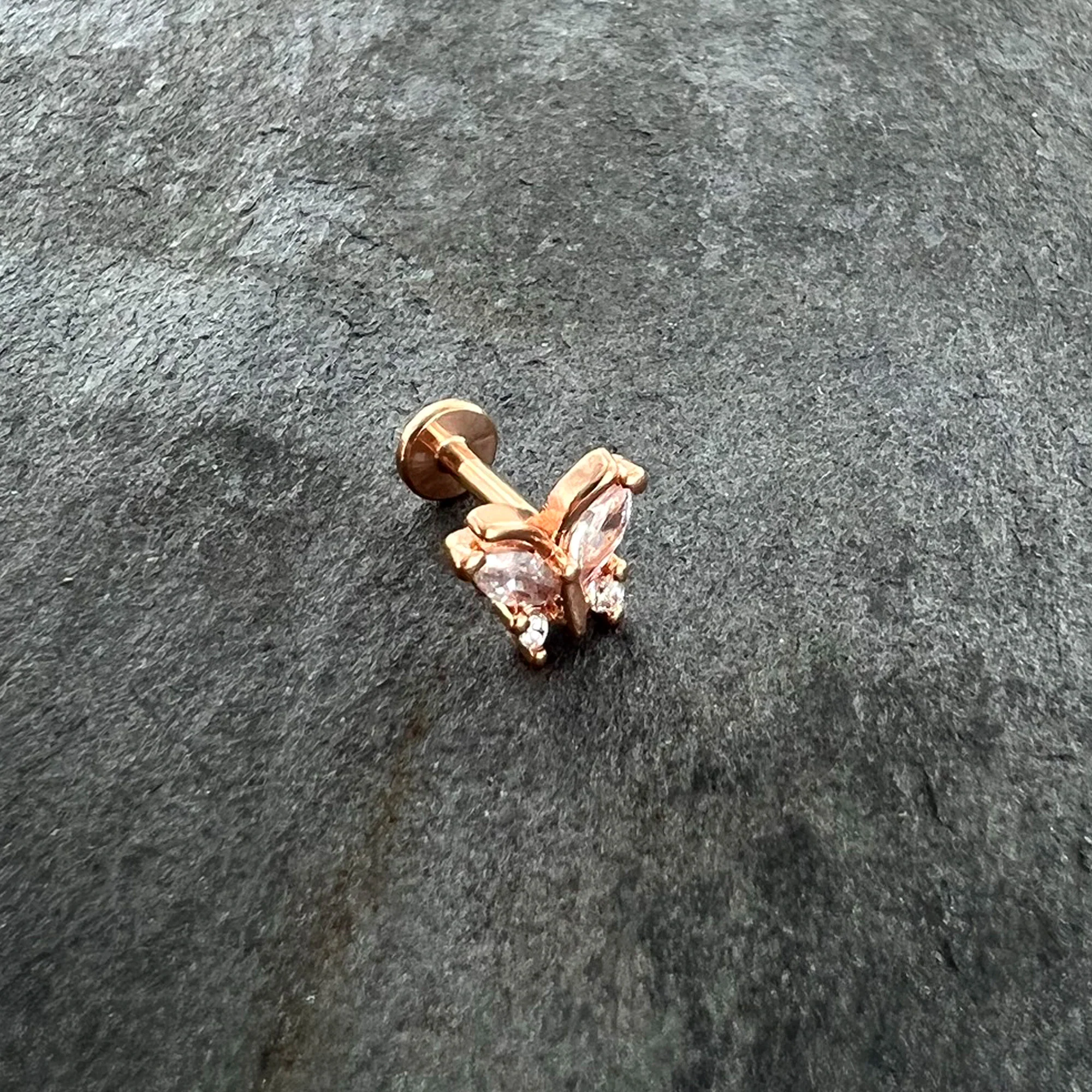 16G 1/4 Clear CZ Gem Rosy Hue Internal Thread Butterfly Labret - Image 5