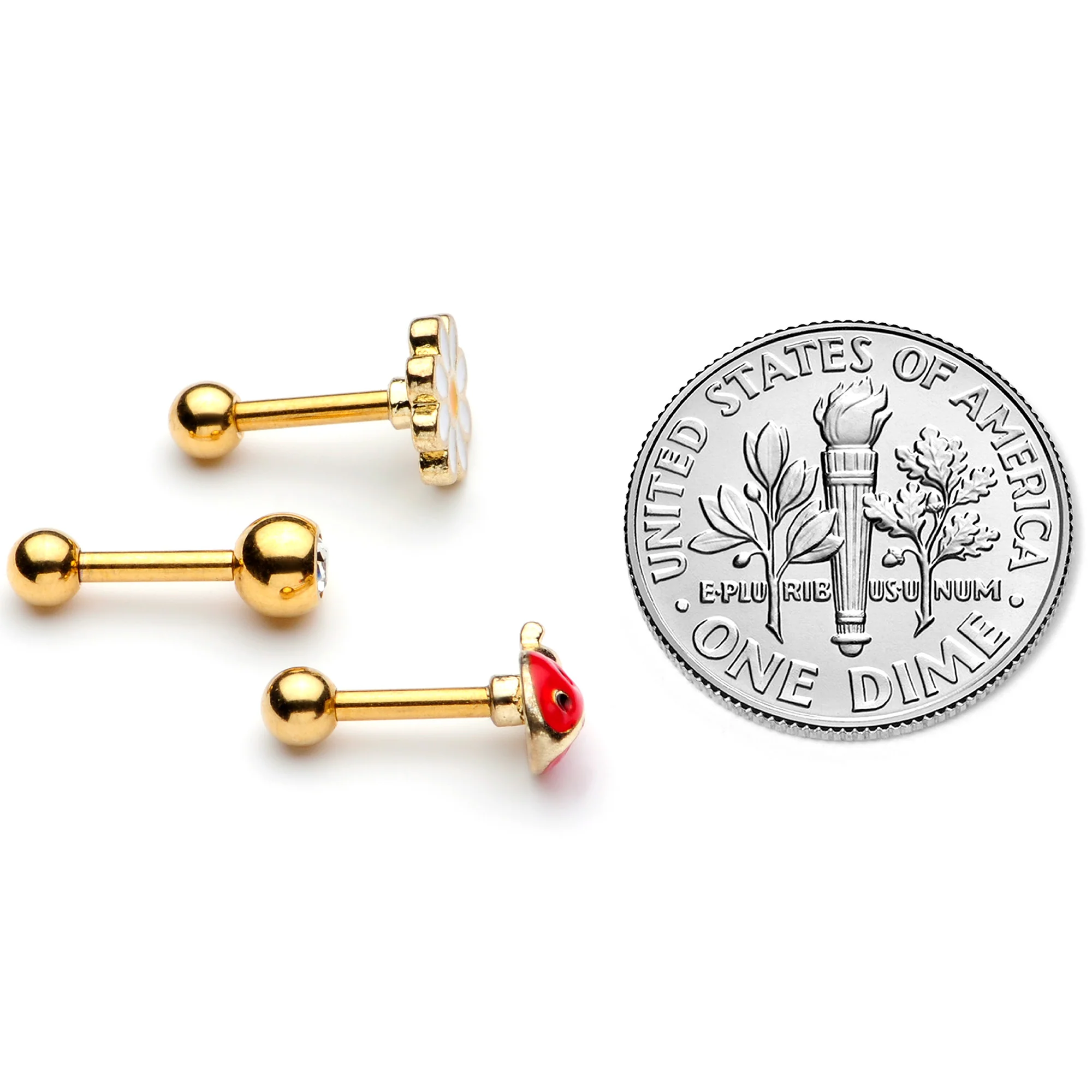 16G 1/4 Clear Gem Gold Tone Ladybug Cartilage Tragus Set of 3 - Image 5