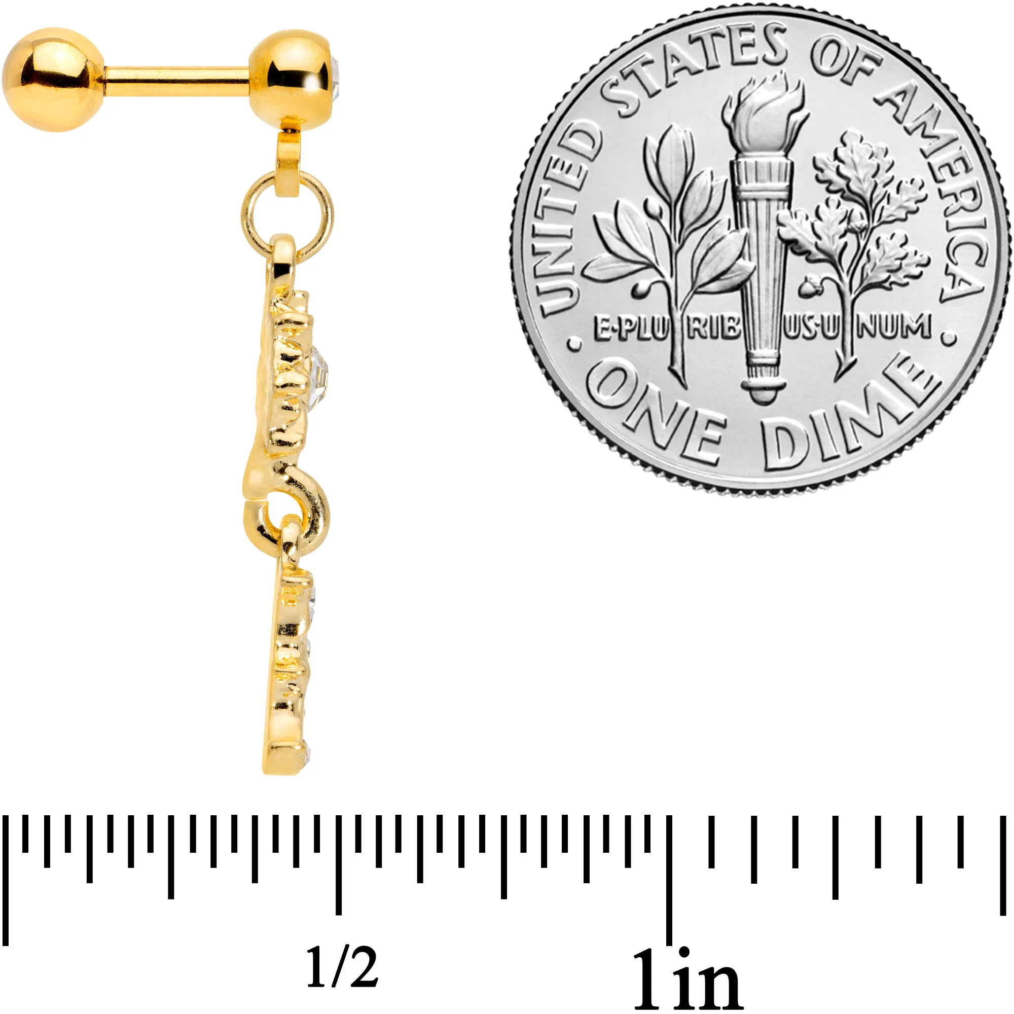 16G 1/4 Clear Gem Gold Tone Moon Dangle Cartilage Tragus - Image 4