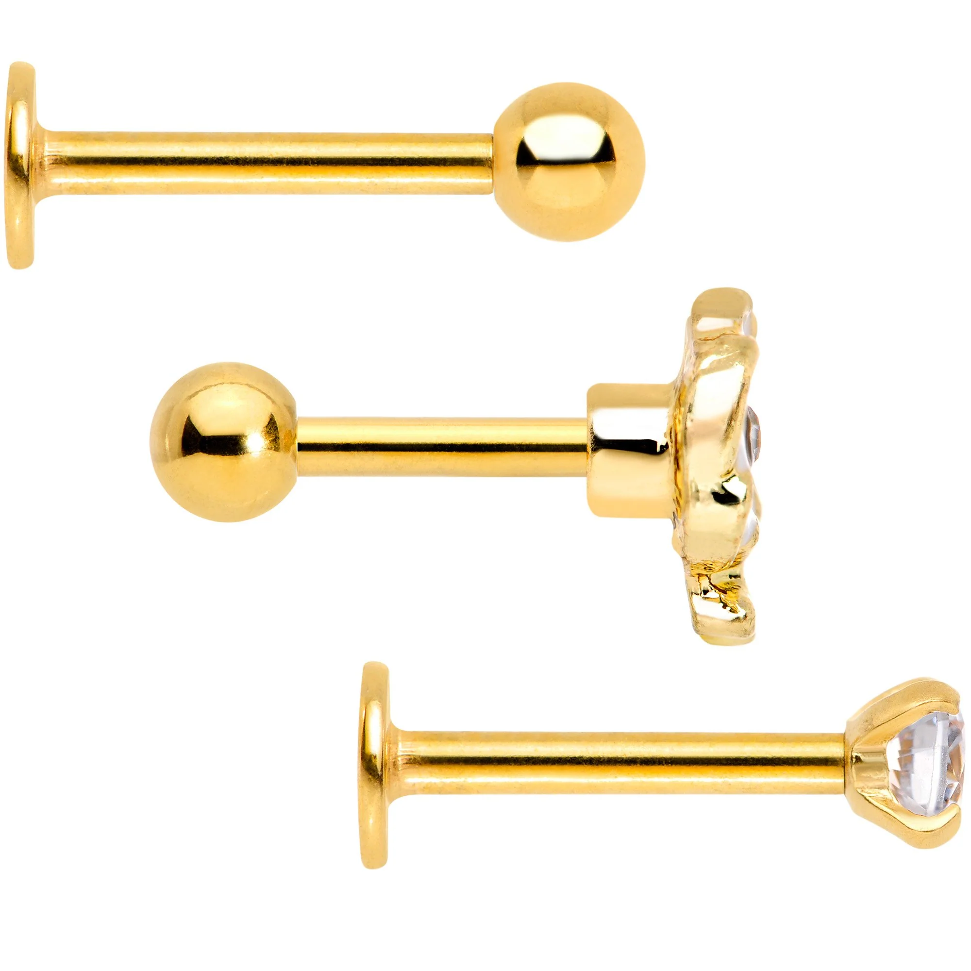 16G 1/4 Clear Gem Gold Tone Spring Cartilage Tragus Set of 3 - Image 2