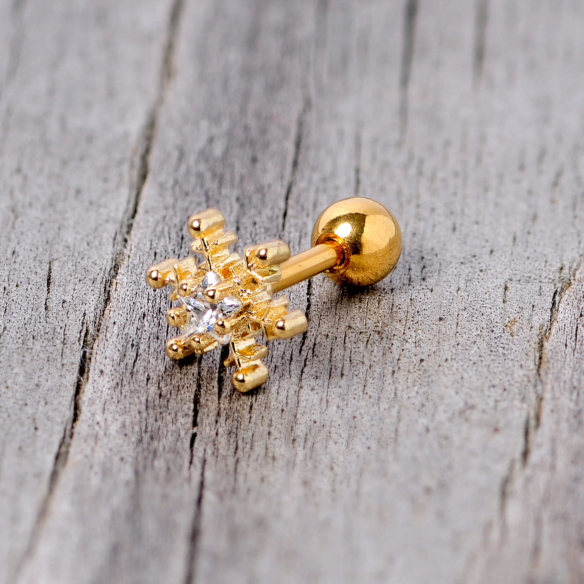 16G 1/4 Clear Gem Gold Tone Winter Snowflake Cartilage Tragus - Image 6