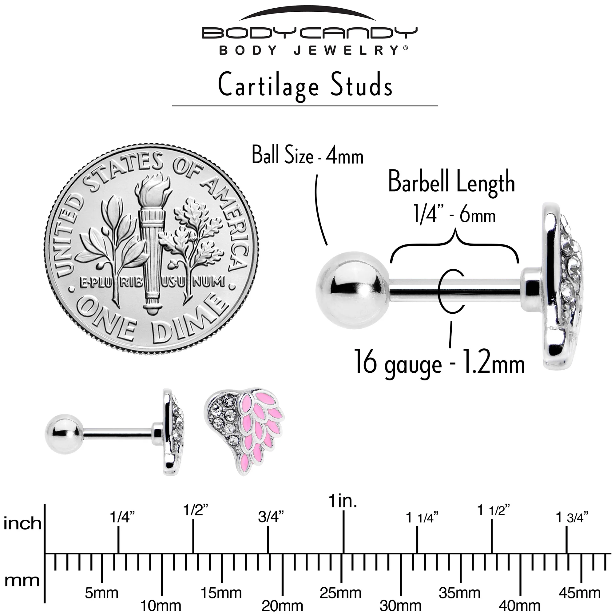 16G 1/4 Clear Gem Heavenly Heart Angel Wing Pink Cartilage Earring - Image 7