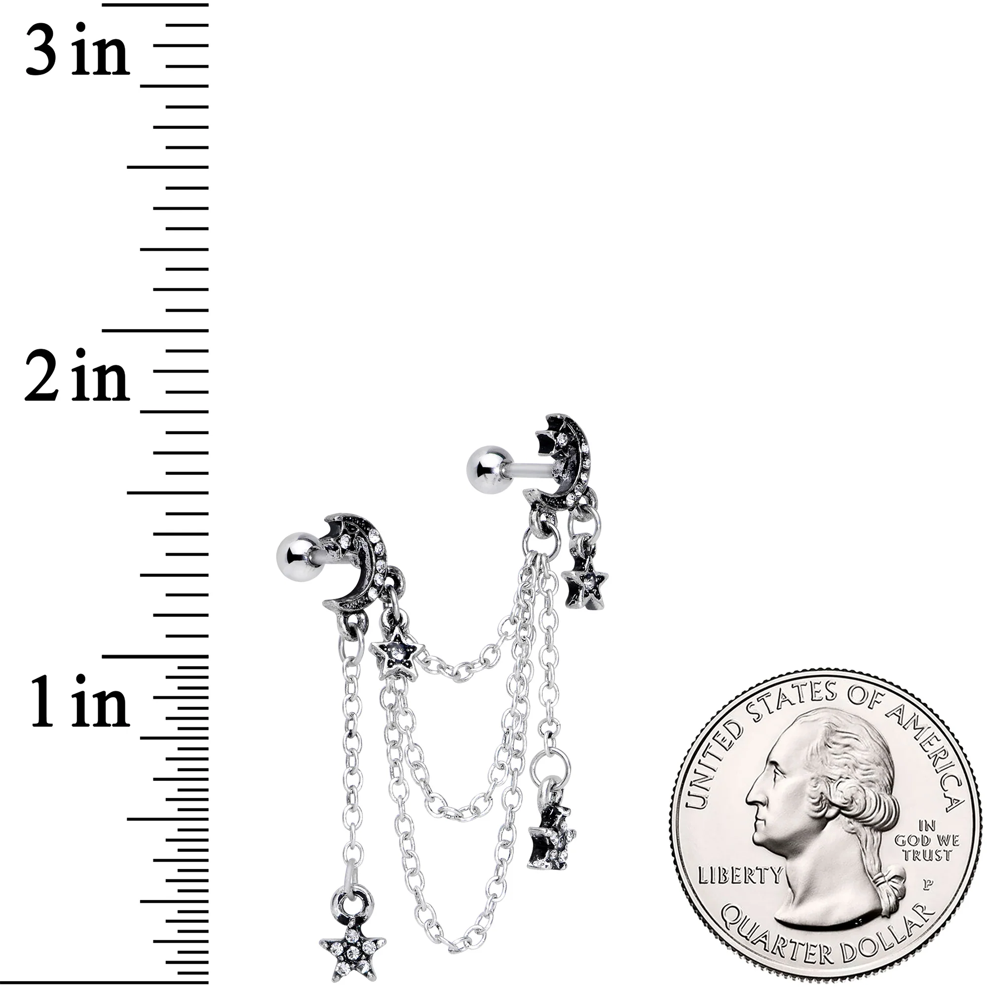 16G 1/4 Clear Gem Moon Star Triple Dangle Cartilage Chain Earring - Image 3
