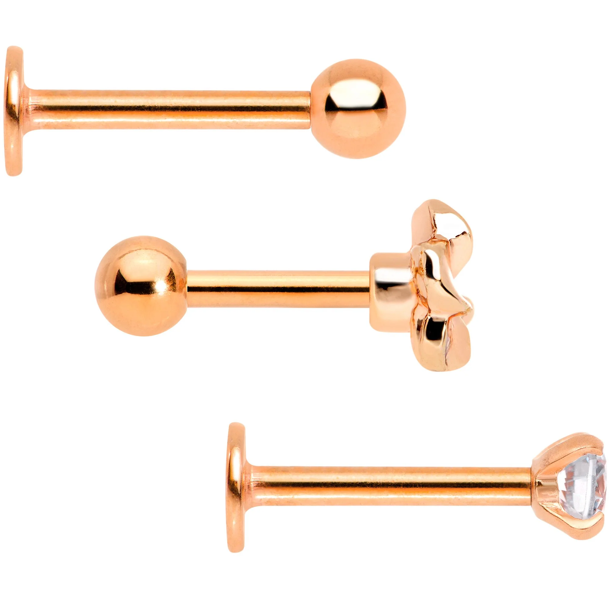 16G 1/4 Clear Gem Rose Gold Tone Deco Cartilage Tragus Set of 3 - Image 2