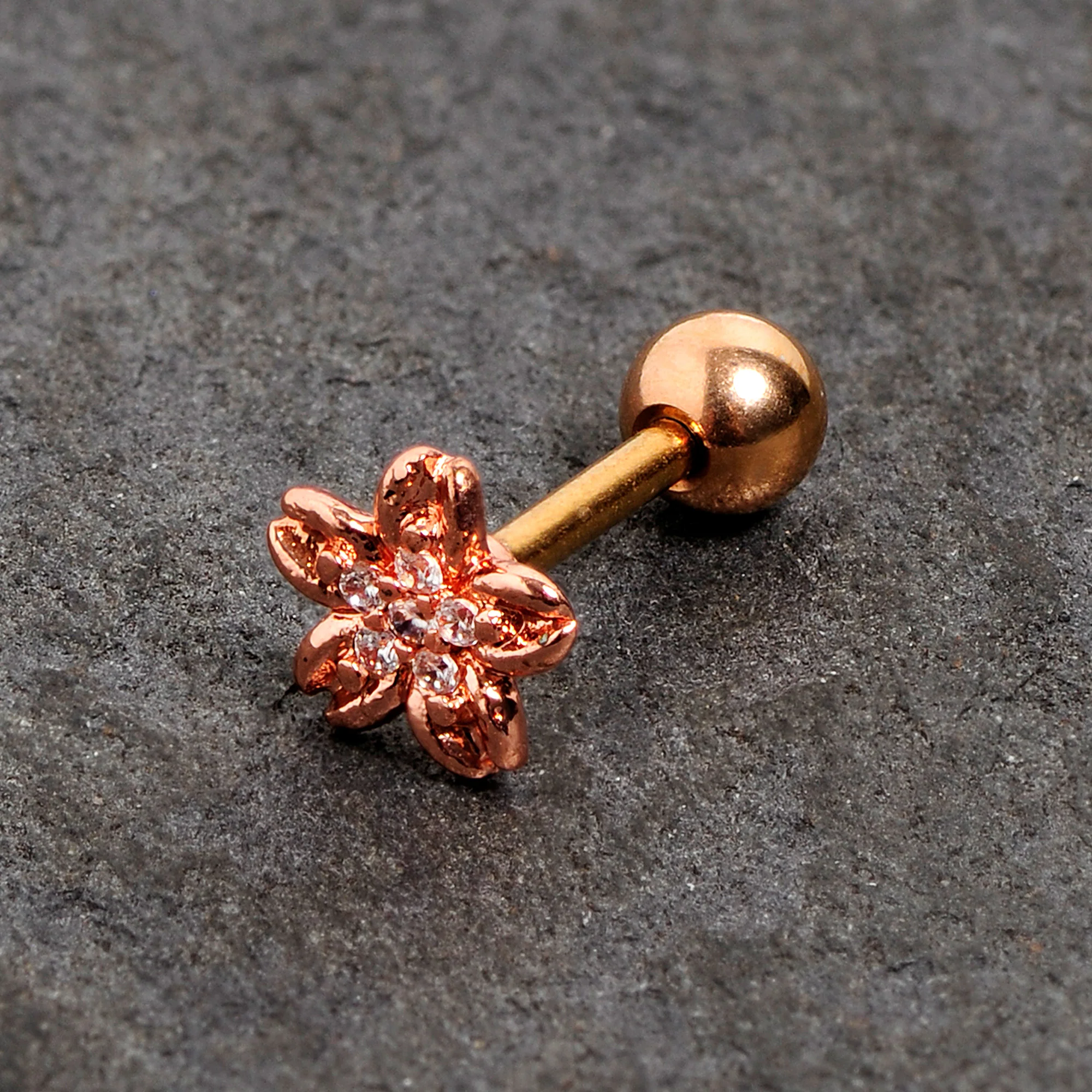 16G 1/4 Clear Gem Rose Gold Tone Flower Cartilage Tragus Earring - Image 2