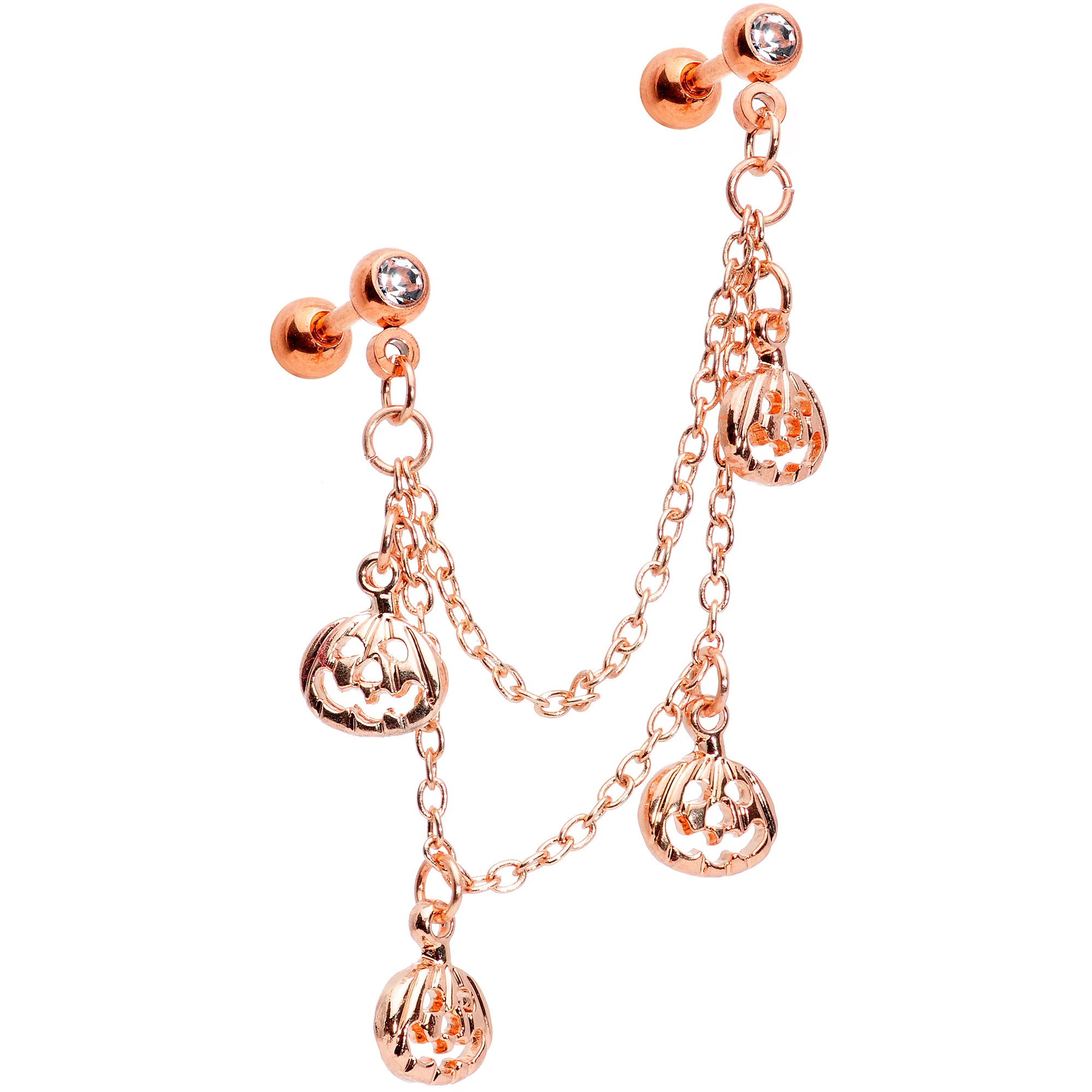 16G 1/4 Clear Gem Rose Gold Tone Pumpkin Cartilage Chain Earring - Image 4