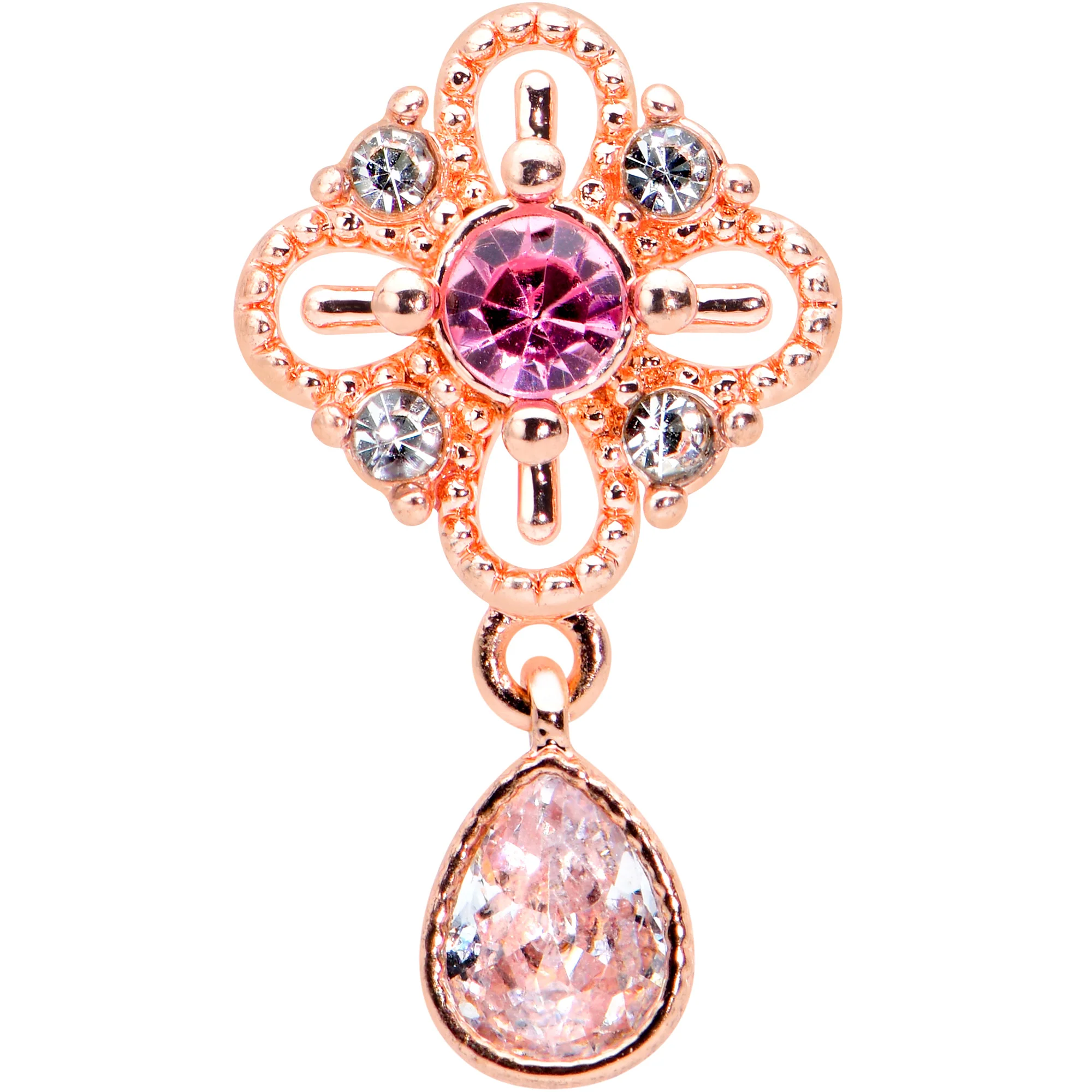 16G 1/4 Clear Pink Gem Rose Gold Tone Cross Dangle Labret Tragus - Image 2