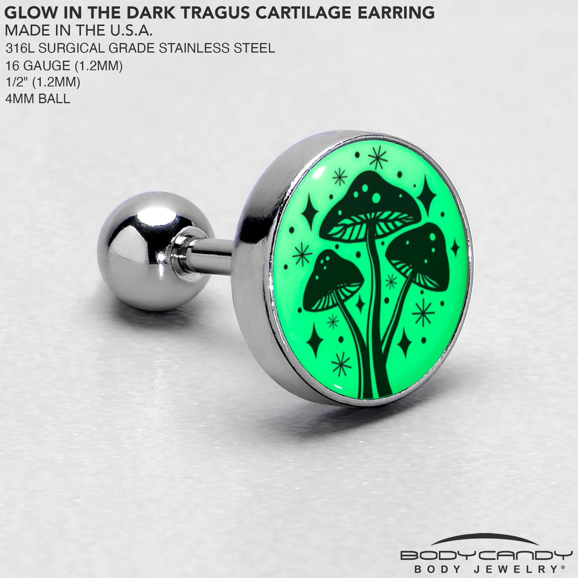 16G 1/4 Glow in the Dark Mystic Mushroom Tragus Cartilage Earring by Onyx O - Image 7
