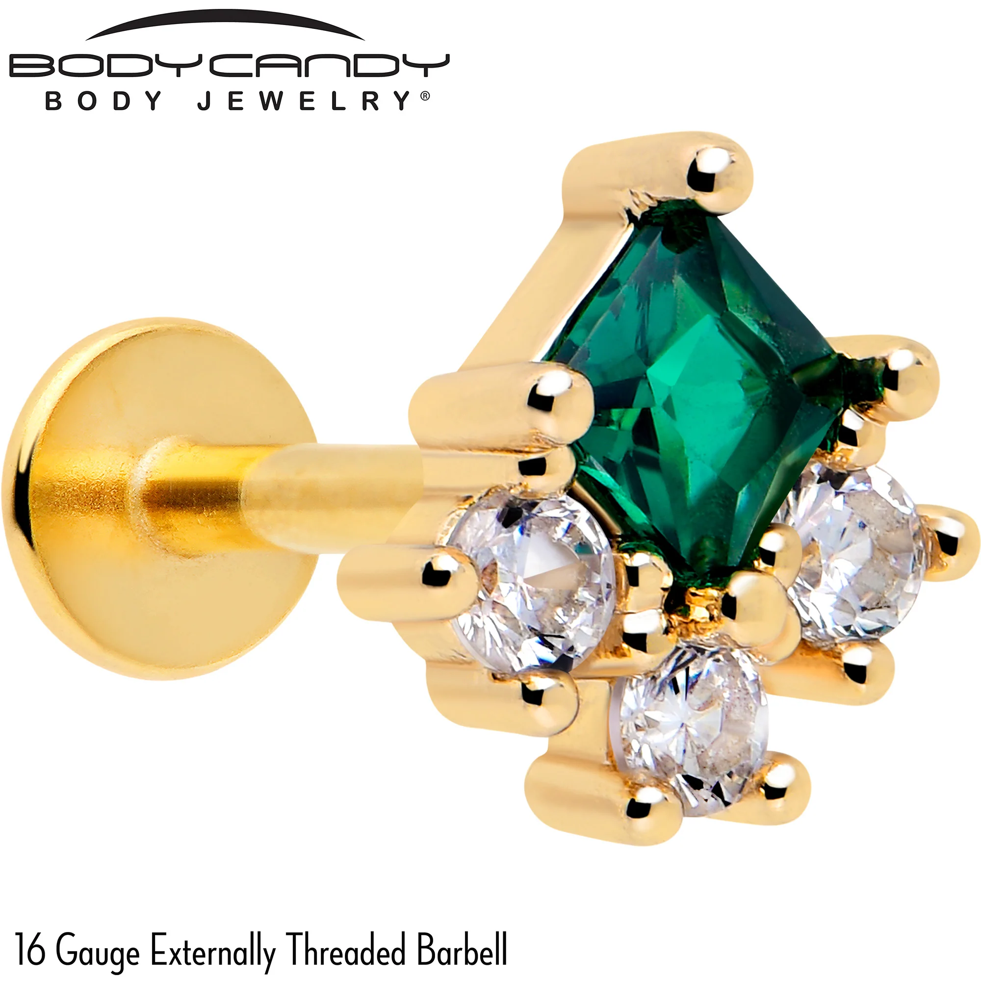 16G 1/4 Green Clear CZ Gem Gold Tone Rhombus Riot Flatback Stud - Image 2
