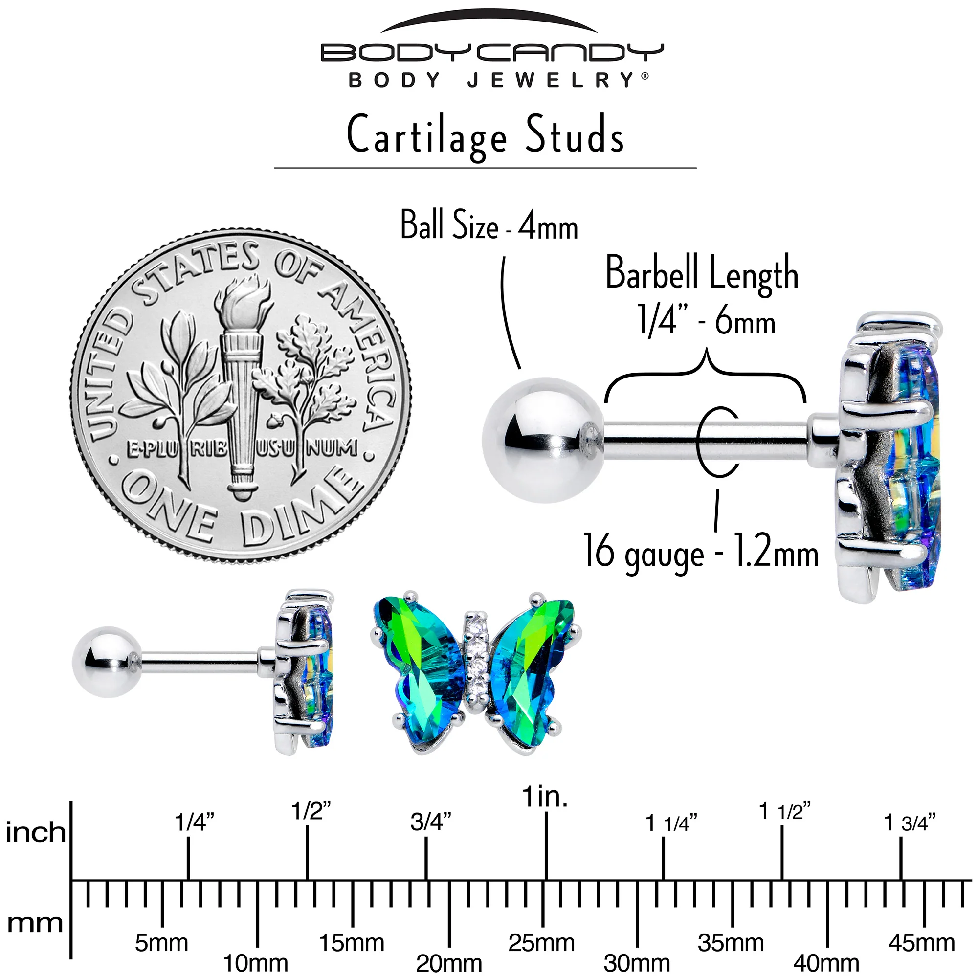 16G 1/4 Green CZ Gem Simply Colorful Butterfly Cartilage Earring - Image 6