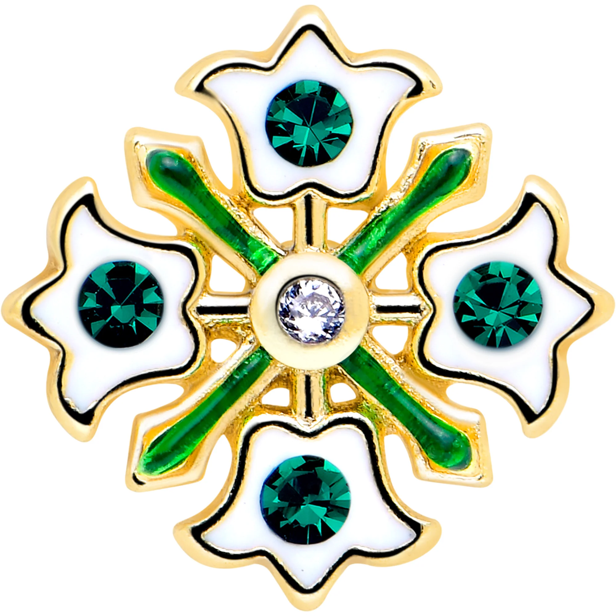 16G 1/4 Green Gem Gold Tone Flower Wreath Flatback Stud - Image 3